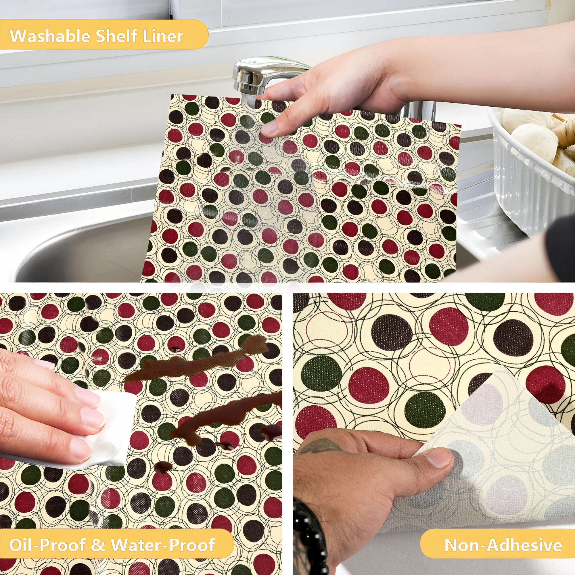 Kuber Industries 10 Meters Waterproof  Durable Kitchen Mats for Shelf Liner Roll  Wipeable Fridge Sheets for Shelves Cabinet Drawer  Red Green Polka Dots - Cream