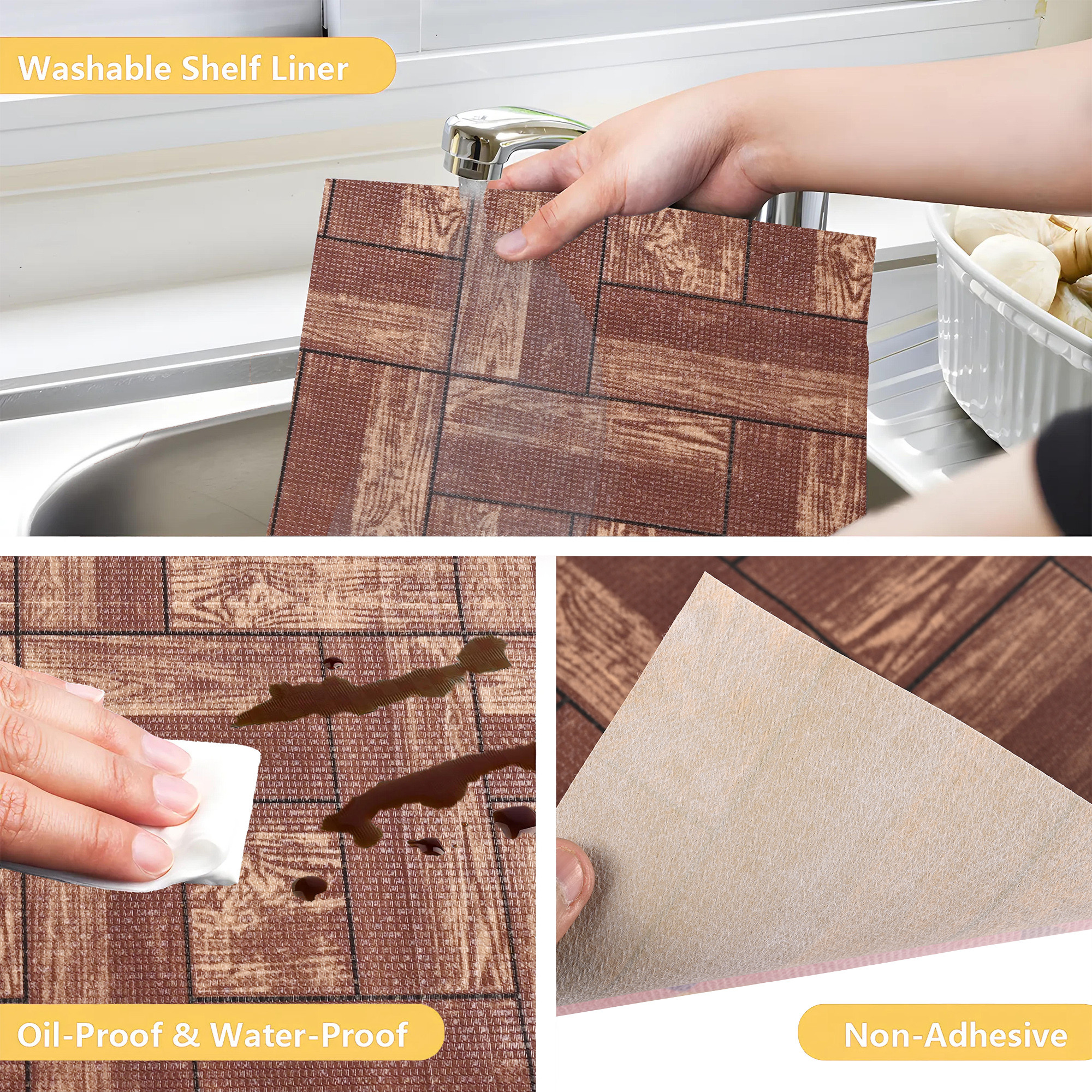 Kuber Industries 10 Meters Waterproof  Durable Kitchen Mats for Shelf Liner Roll  Wipeable Fridge Sheets for Shelves Cabinet Drawer  Wooden Check Print- Dark Brown
