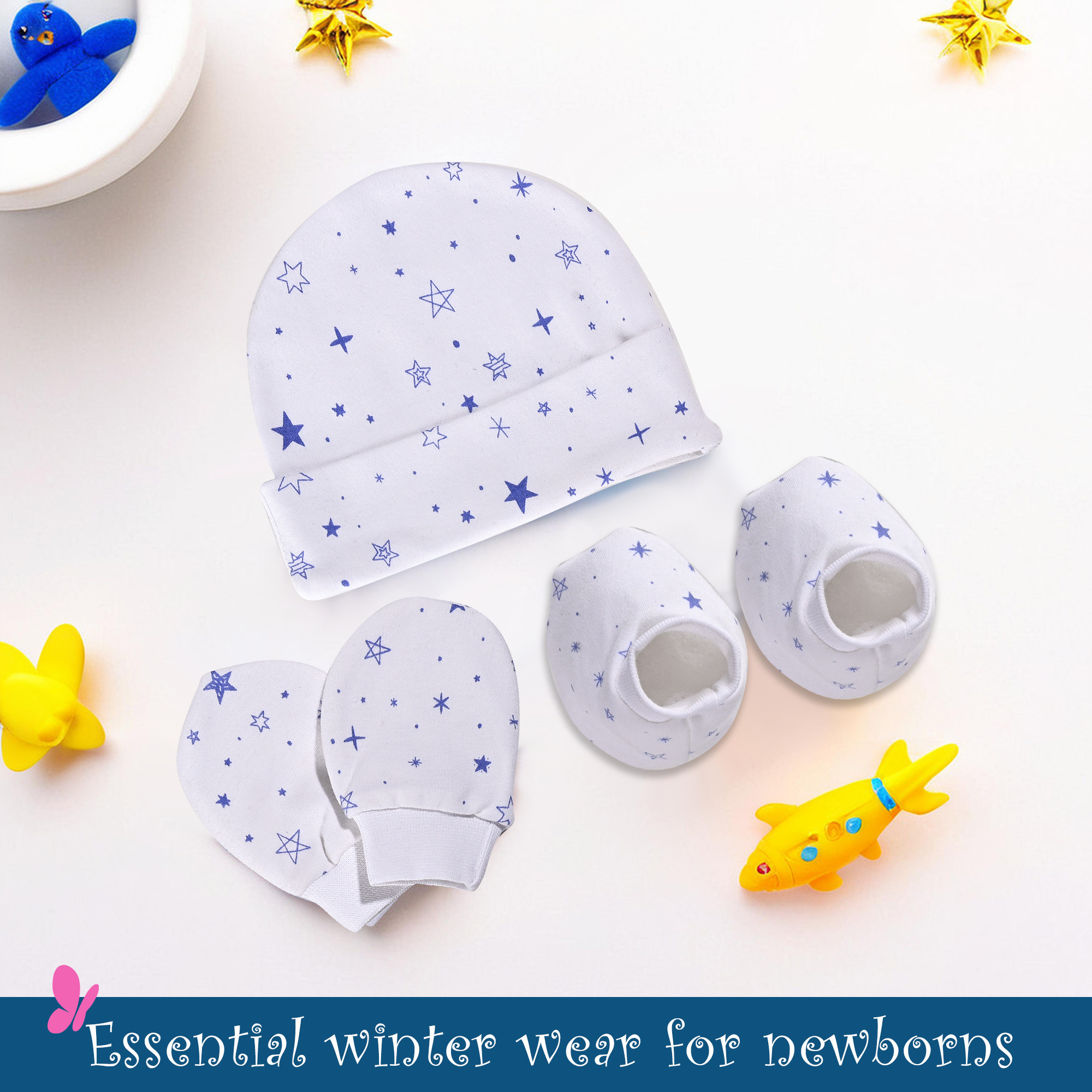 Kuber Industries 10 Pcs Washable Cotton New Born Cap Mittens and Booties Set for Girl  Boy  Winter Wear Baby Clothes  White  Blue