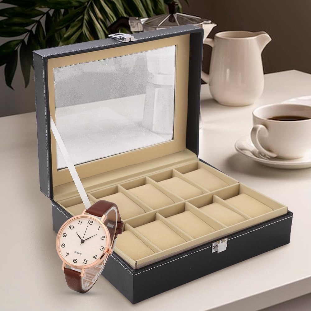 Kuber Industries 10 Slots Watch Organizer|Watch Storage Box For Men & Women|Secure Closer|Wrist Watch Display BoxBlack|