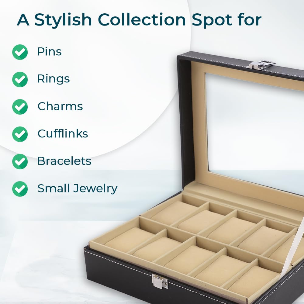 Kuber Industries 10 Slots Watch Organizer|Watch Storage Box For Men & Women|Secure Closer|Wrist Watch Display BoxBlack|