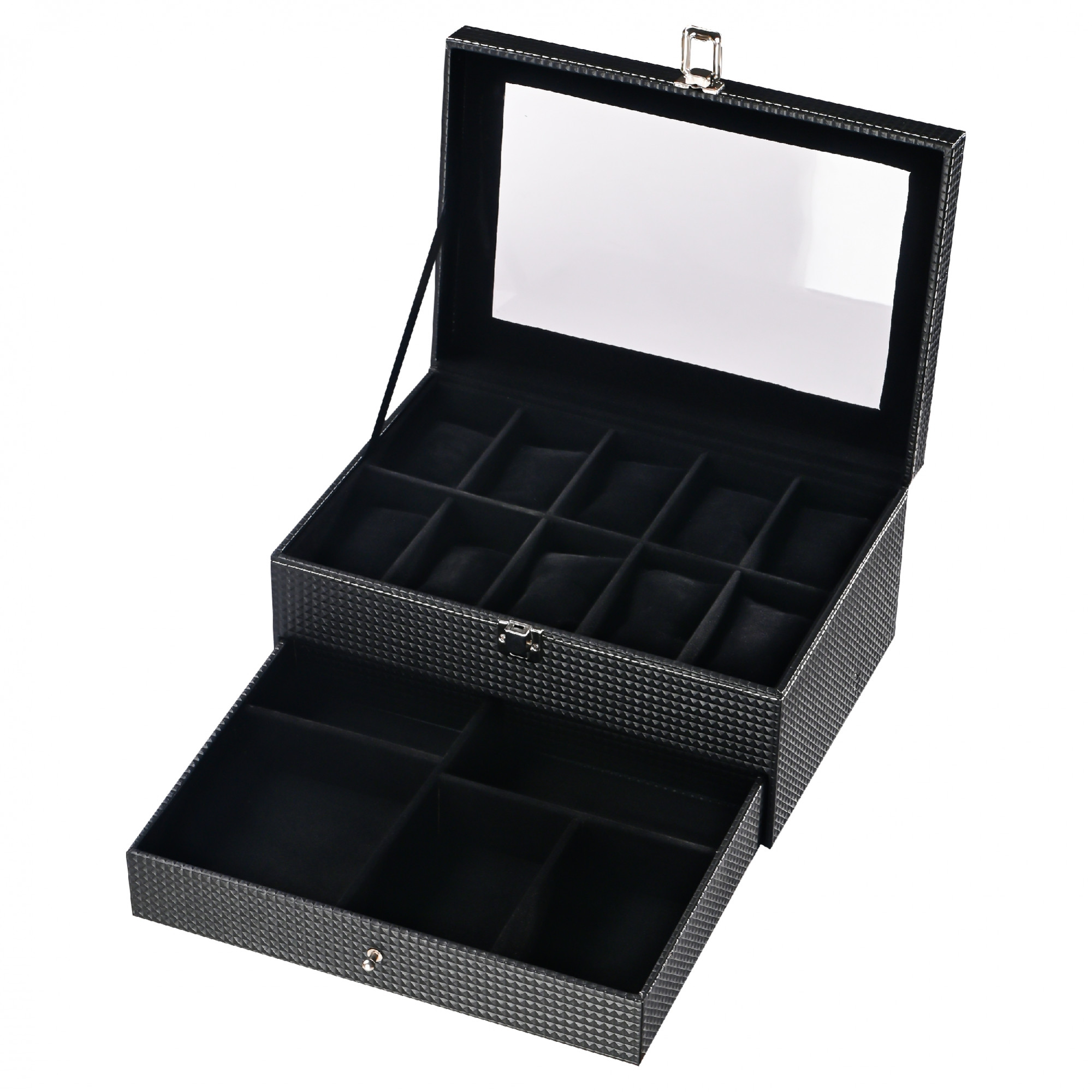 Kuber Industries 10 Slots Wrist Watch Organiser Box for Men  Women  Premium Faux Leather Multi Compartment Sliding Drawer for Small Accessories  Watches Collection BoxHolder  Check - Black