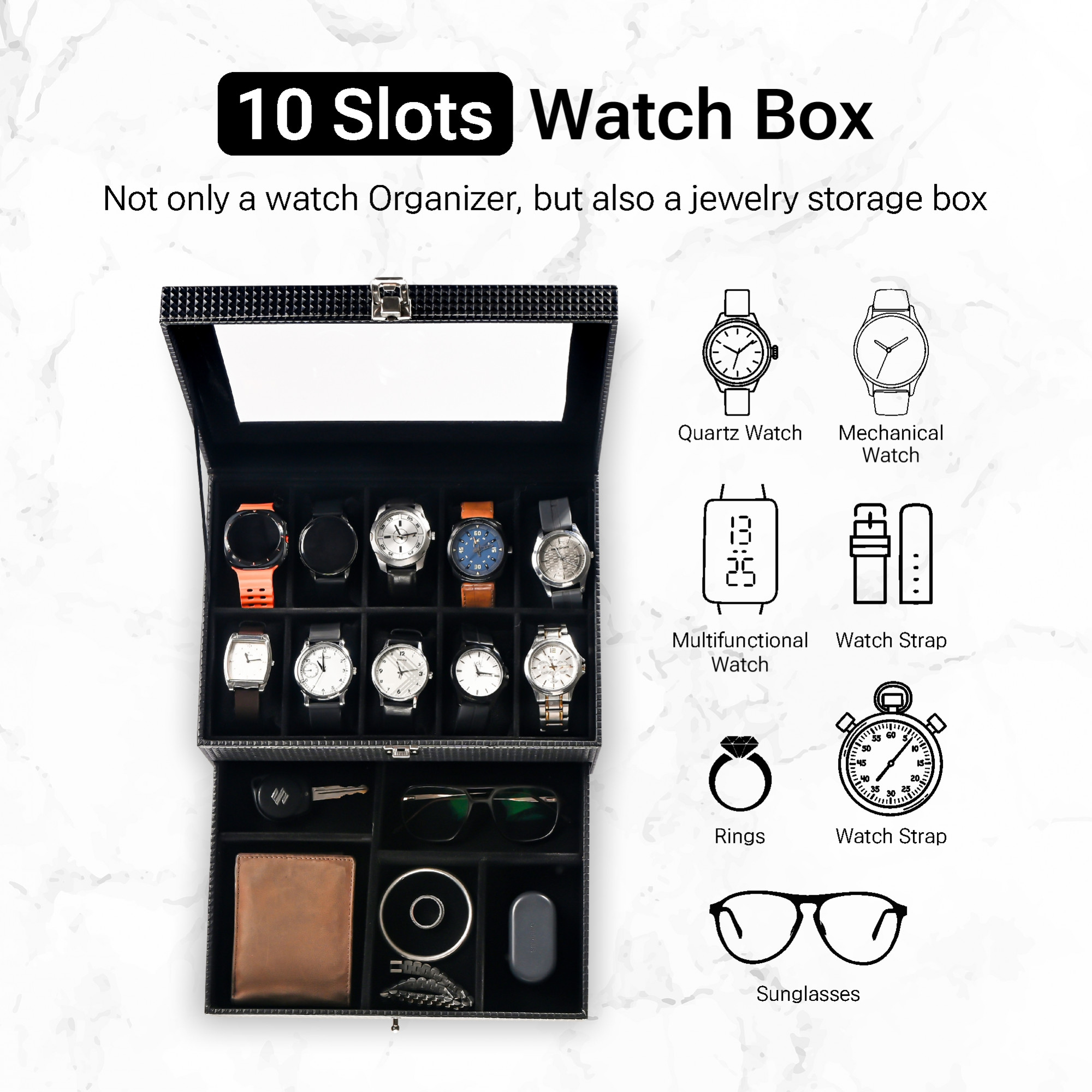 Kuber Industries 10 Slots Wrist Watch Organiser Box for Men  Women  Premium Faux Leather Multi Compartment Sliding Drawer for Small Accessories  Watches Collection BoxHolder  Check - Black