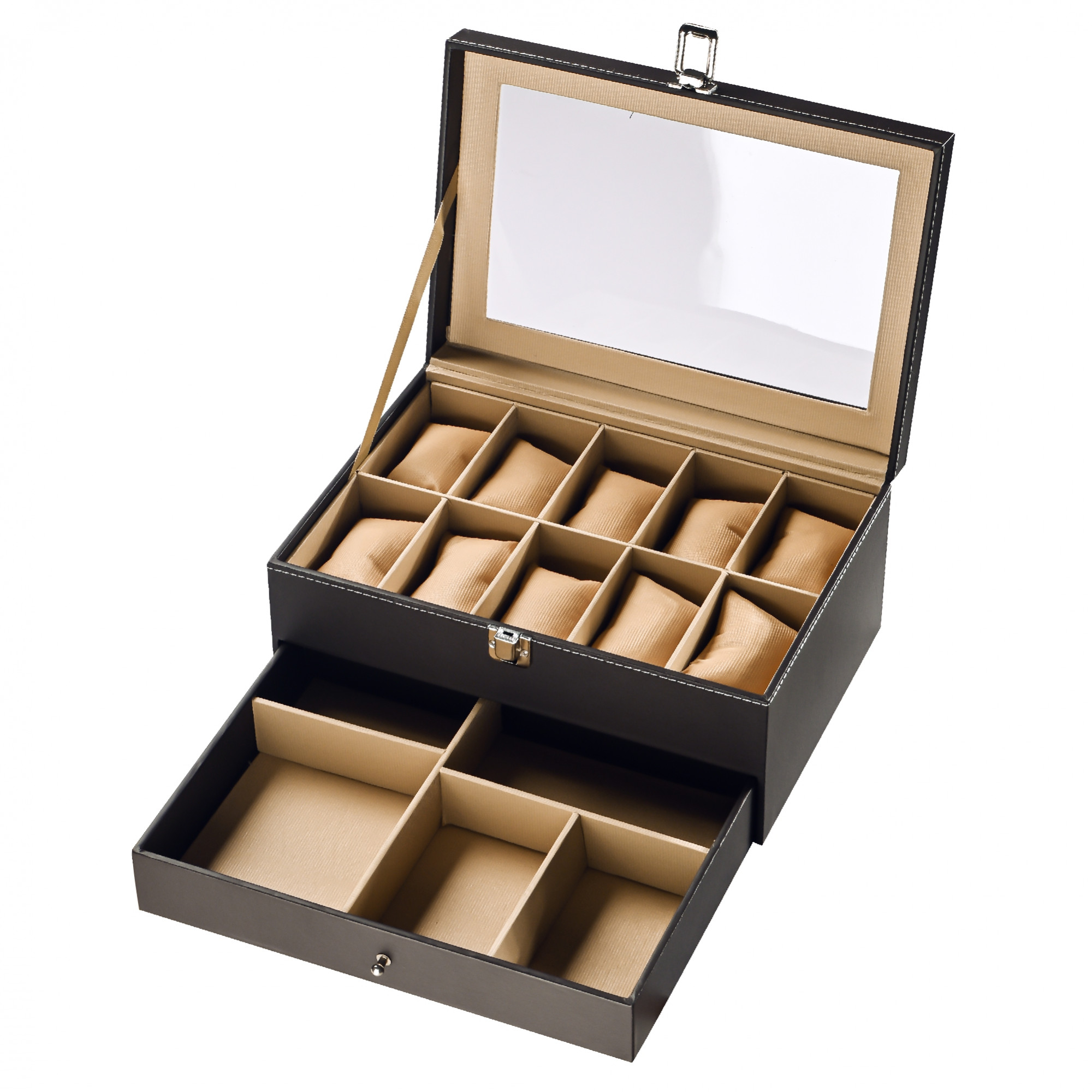 Kuber Industries 10 Slots Wrist Watch Organiser Box for Men  Women  Premium Faux Leather Multi Compartment Sliding Drawer for Small Accessories  Watches Collection BoxHolder  Brown  Golden