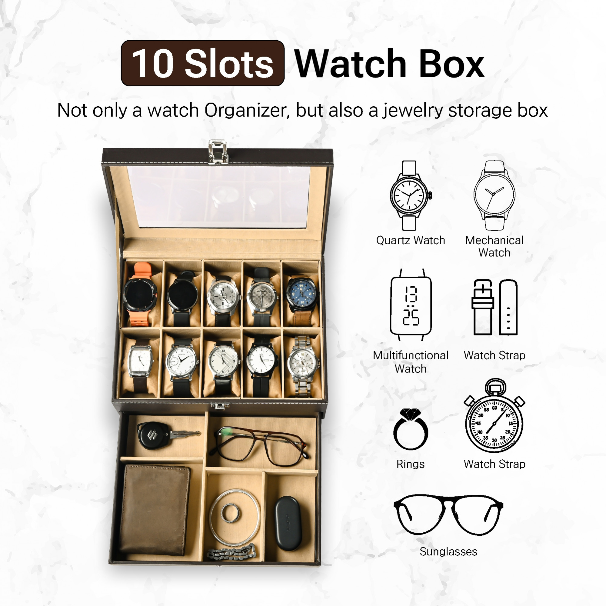 Kuber Industries 10 Slots Wrist Watch Organiser Box for Men  Women  Premium Faux Leather Multi Compartment Sliding Drawer for Small Accessories  Watches Collection BoxHolder  Brown  Golden