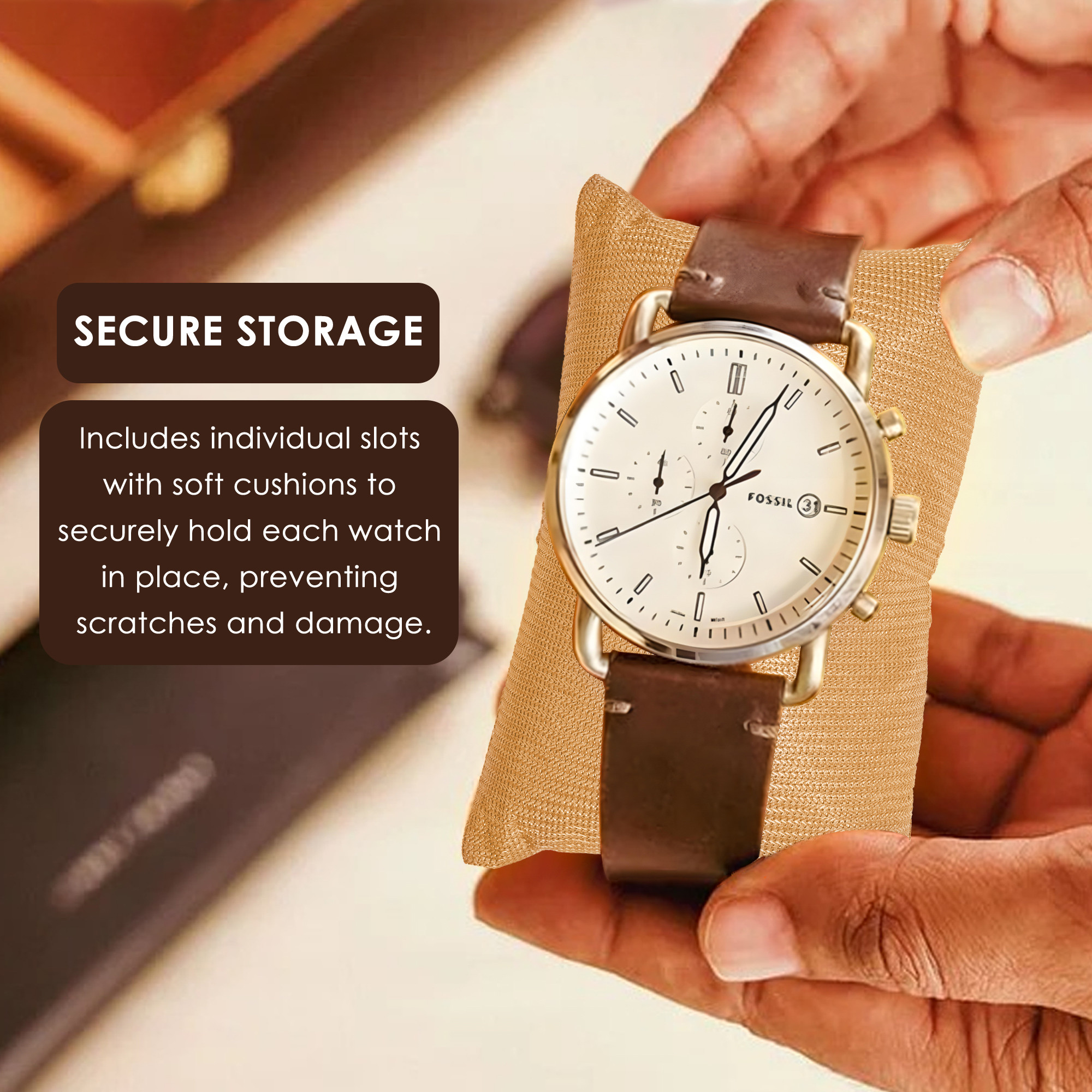 Kuber Industries 10 Slots Wrist Watch Organiser Box for Men  Women  Premium Faux Leather Multi Compartment Sliding Drawer for Small Accessories  Watches Collection BoxHolder  Brown  Golden