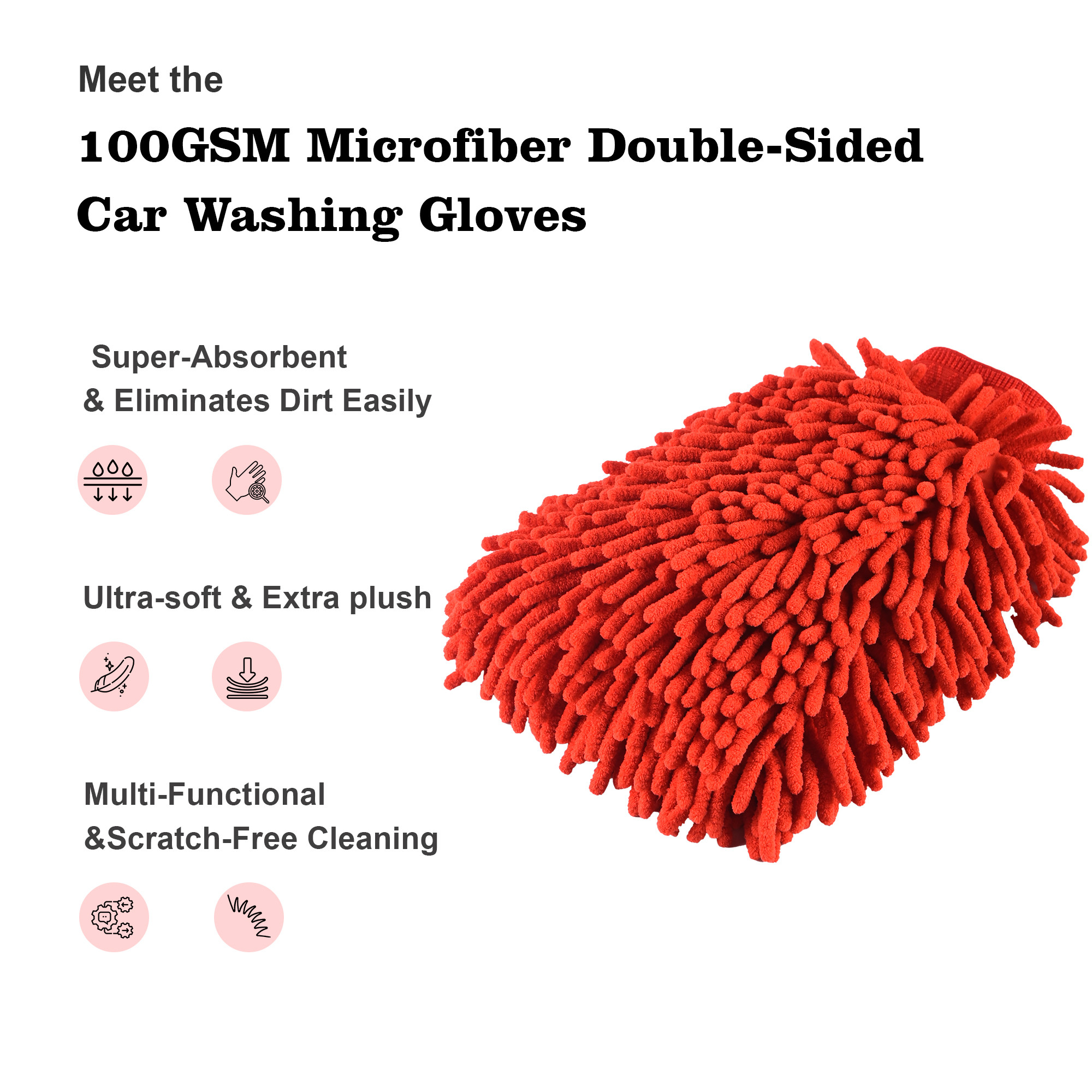 Kuber Industries 100 GSM Microfiber Double Sided car washing gloves  Super Absorbent Chenille Mitt Gloves Perfect Wash Cleaning for Bike Auto Cars Interior and Exterior  Red
