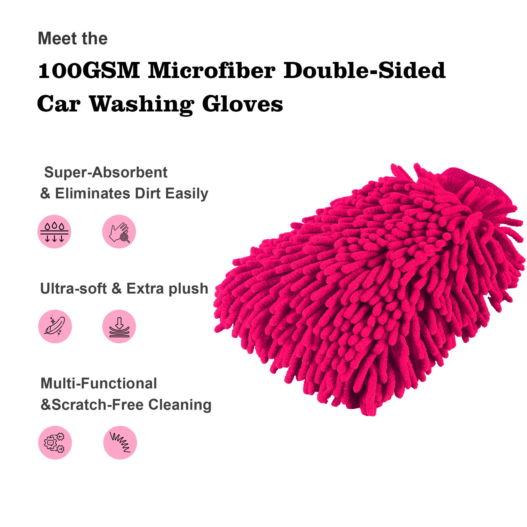 Kuber Industries 100GSM Microfiber Double Sided car washing gloves  Super Absorbent Chenille Mitt Gloves Perfect Wash Cleaning for Bike Auto Cars Interior and Exterior  Pink