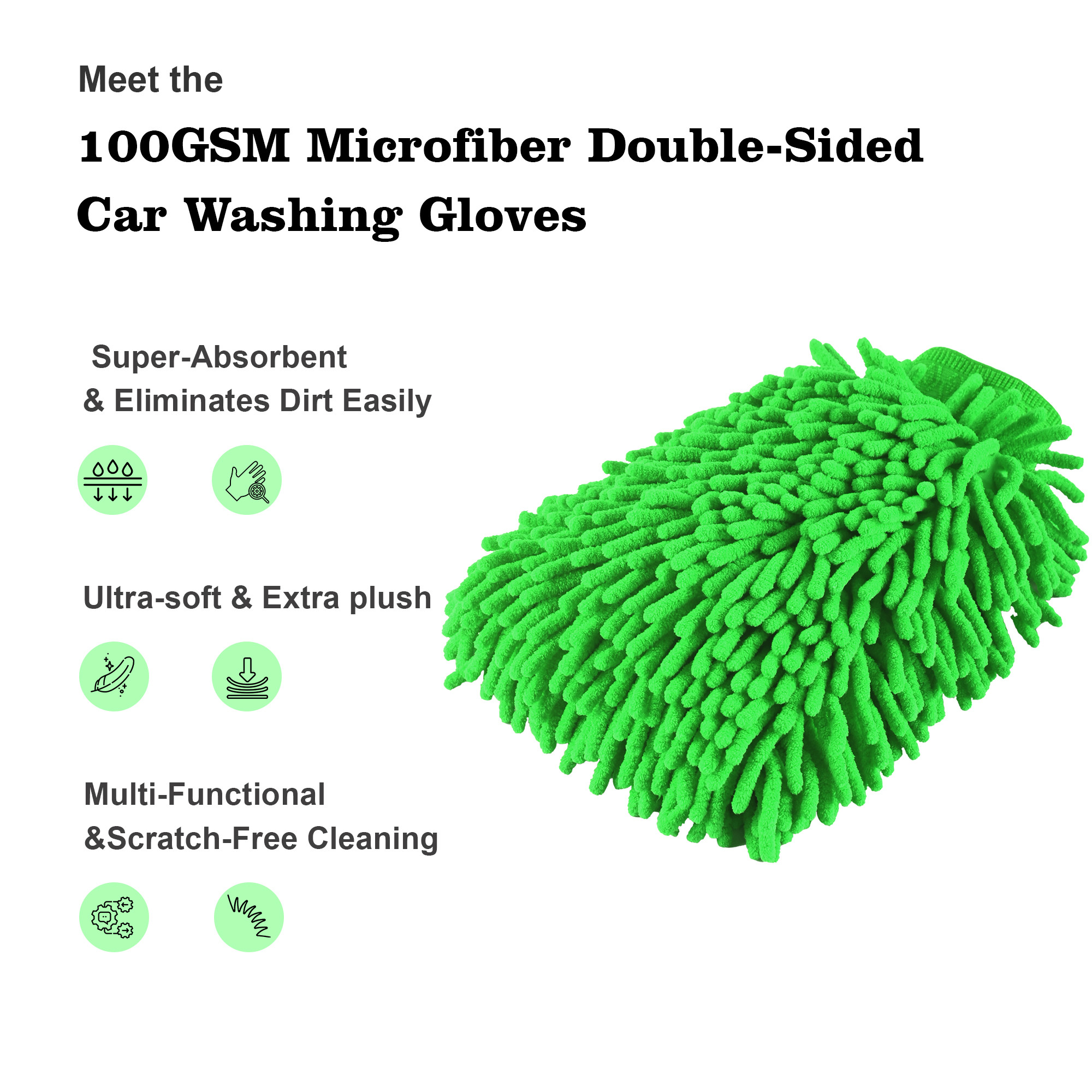 Kuber Industries 100GSM Microfiber Double Sided car washing gloves  Super Absorbent Chenille Mitt Gloves Perfect Wash Cleaning for Bike Auto Cars Interior and Exterior  Green