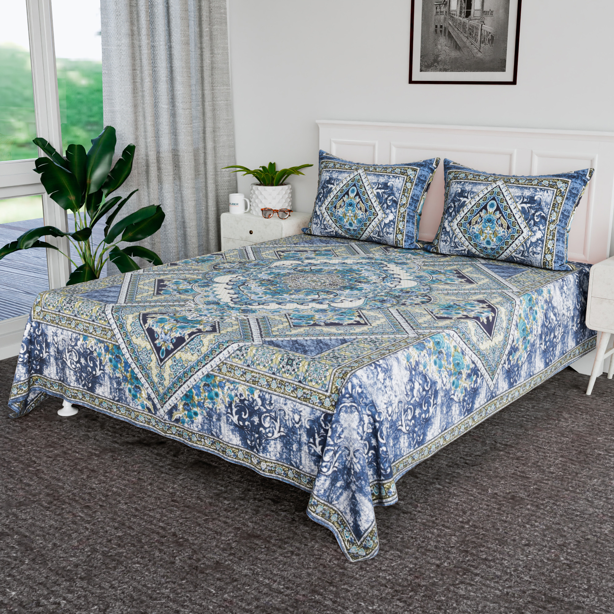 Kuber Industries 100x108 Inch Bedsheets for Double Bed with 2 Pillow Covers  Easy to Wash  Maintain Double Bedsheet Cotton Fabric - for Daily Use  Arabic Beauty Flower Square -Blue