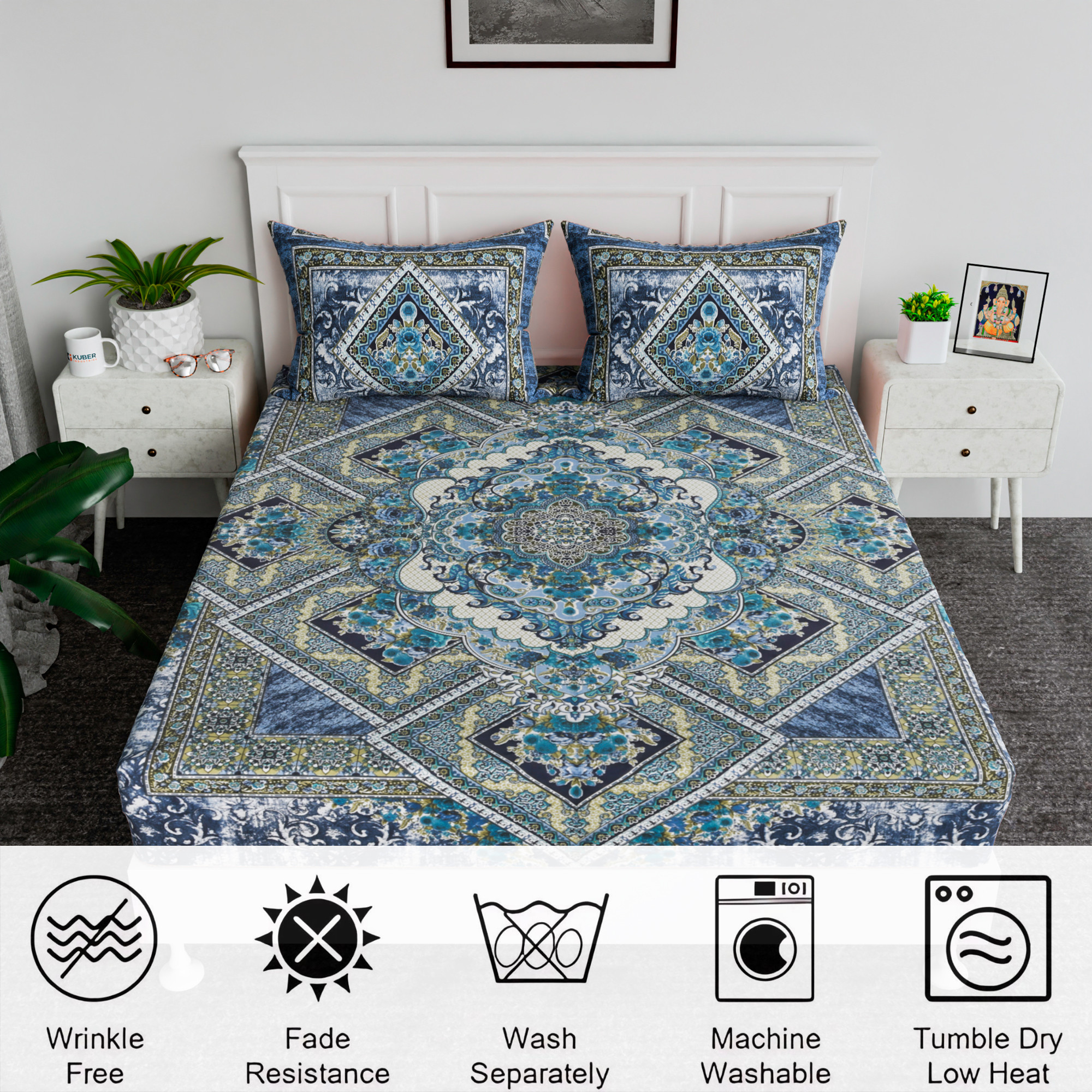 Kuber Industries 100x108 Inch Bedsheets for Double Bed with 2 Pillow Covers  Easy to Wash  Maintain Double Bedsheet Cotton Fabric - for Daily Use  Arabic Beauty Flower Square -Blue