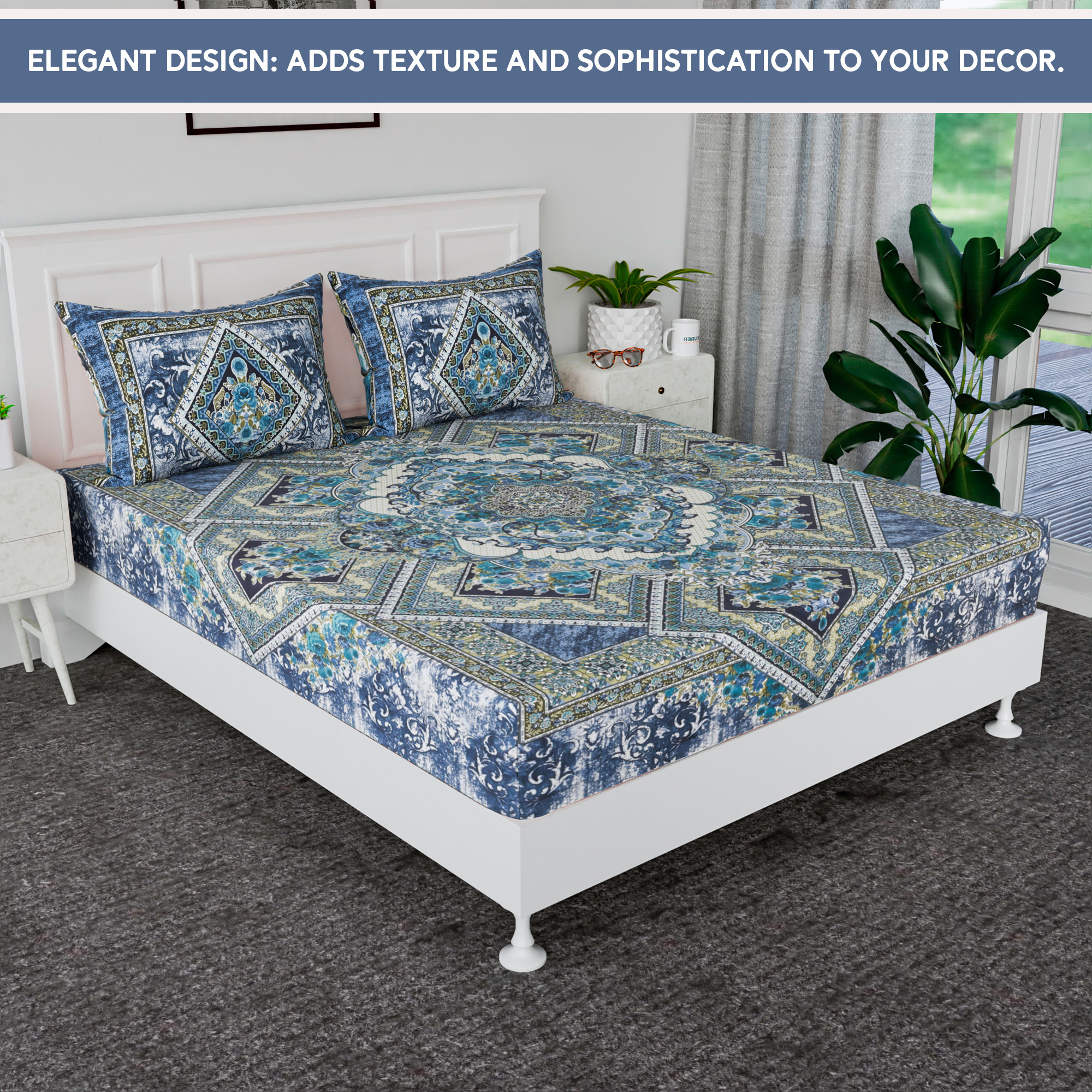 Kuber Industries 100x108 Inch Bedsheets for Double Bed with 2 Pillow Covers  Easy to Wash  Maintain Double Bedsheet Cotton Fabric - for Daily Use  Arabic Beauty Flower Square -Blue