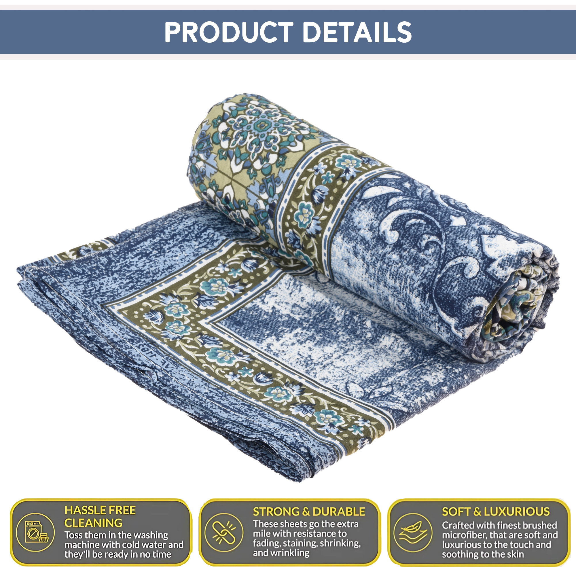Kuber Industries 100x108 Inch Bedsheets for Double Bed with 2 Pillow Covers  Easy to Wash  Maintain Double Bedsheet Cotton Fabric - for Daily Use  Arabic Beauty Flower Square -Blue