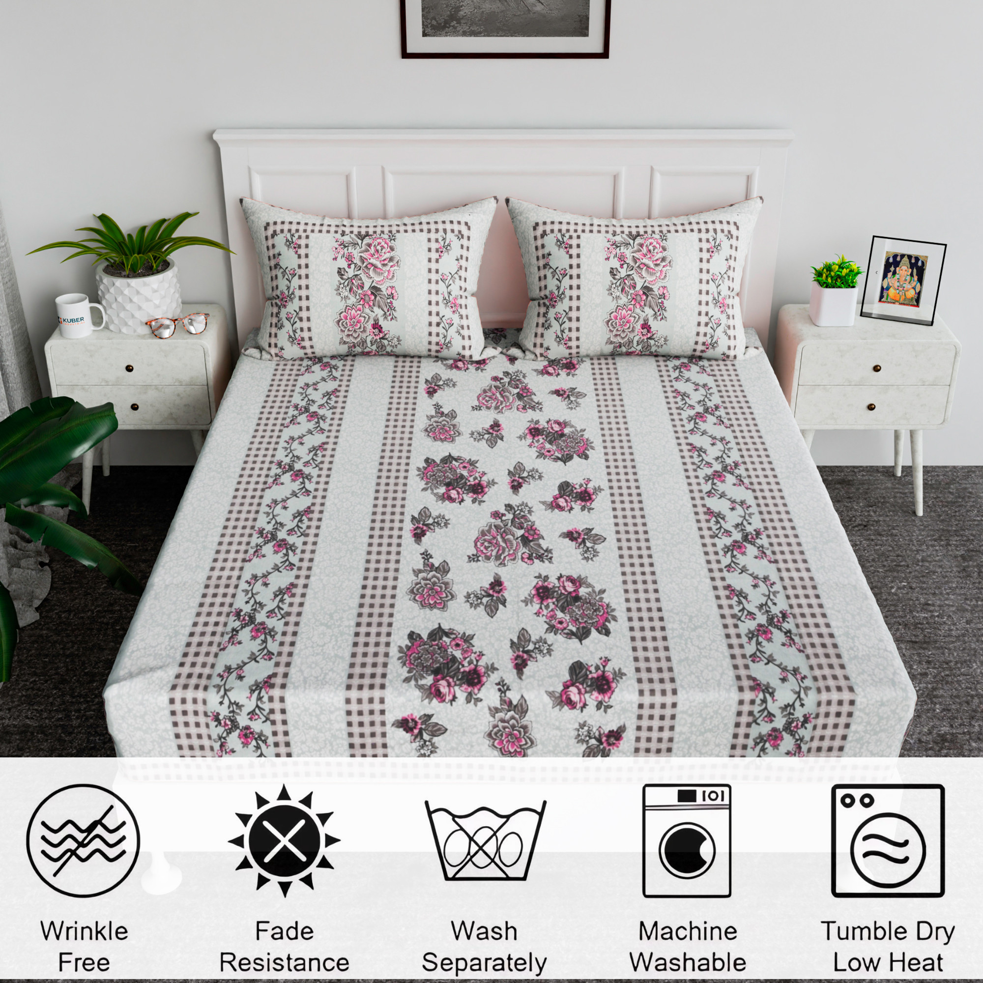 Kuber Industries 100x108 Inch Cotton Bedsheets for Double Bed with 2 Pillow Covers  Daily Use Easy to Wash  Maintain Double Bedsheet Cotton Fabric  Spain Flower Lining -Green