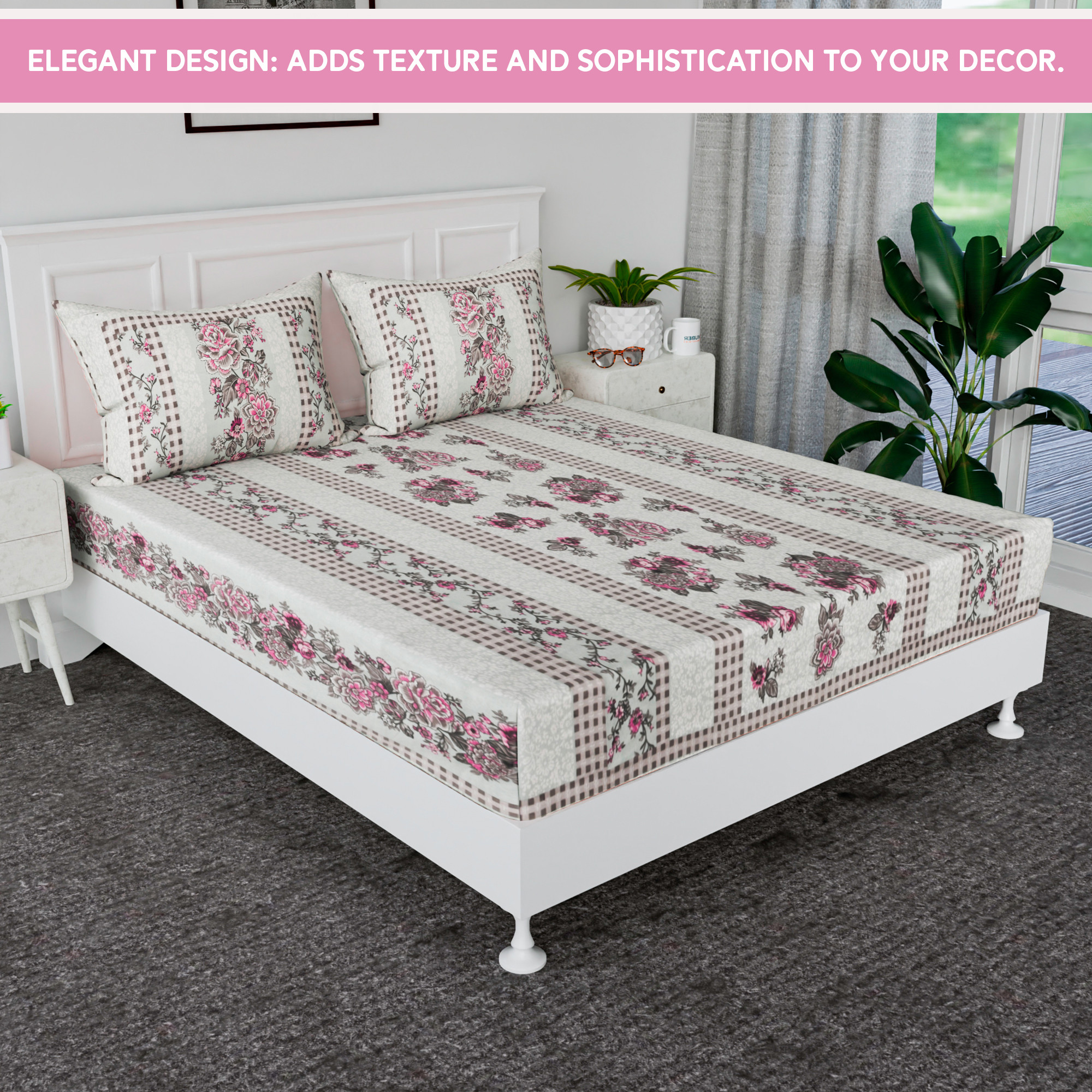 Kuber Industries 100x108 Inch Cotton Bedsheets for Double Bed with 2 Pillow Covers  Daily Use Easy to Wash  Maintain Double Bedsheet Cotton Fabric  Spain Flower Lining -Green