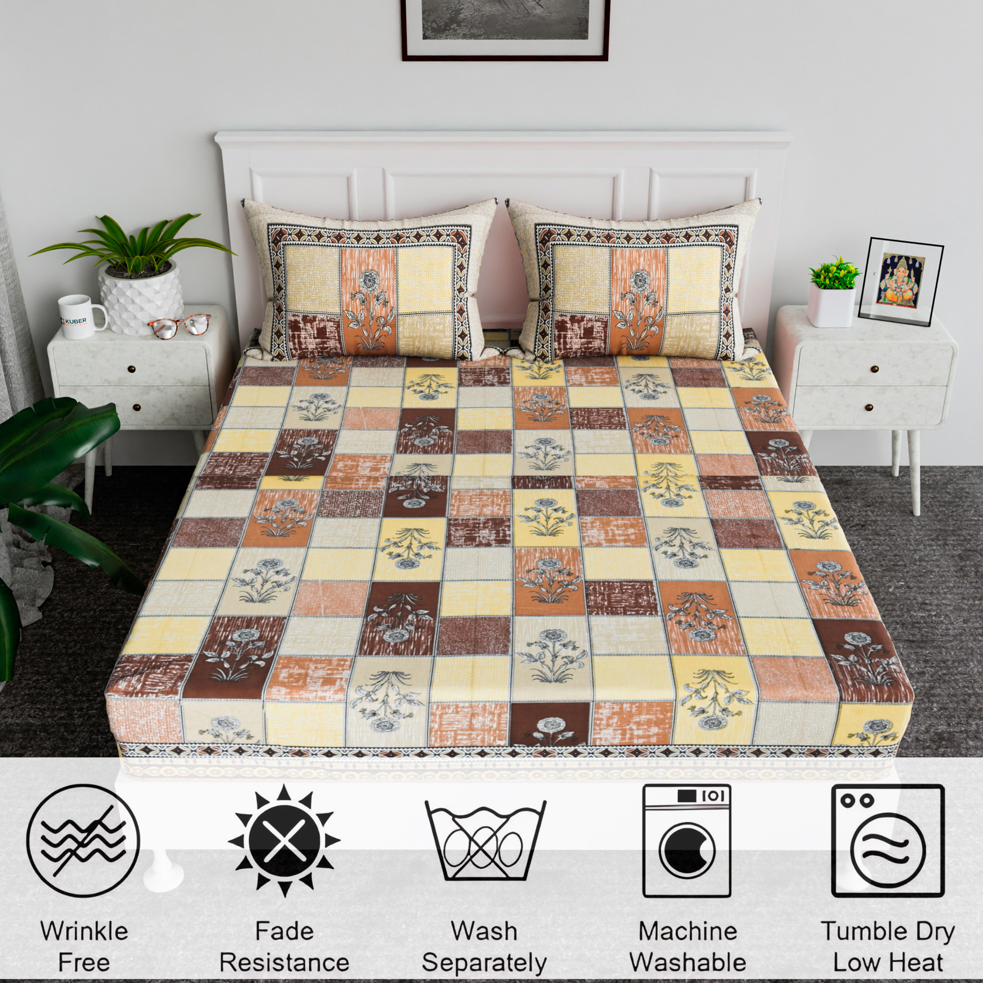 Kuber Industries 100x108 Inch Cotton Bedsheets for Double Bed with 2 Pillow Covers  Easy to Wash  Maintain Double Bedsheet Cotton Fabric - for Daily Use  Candy Flower -Brown  Yellow