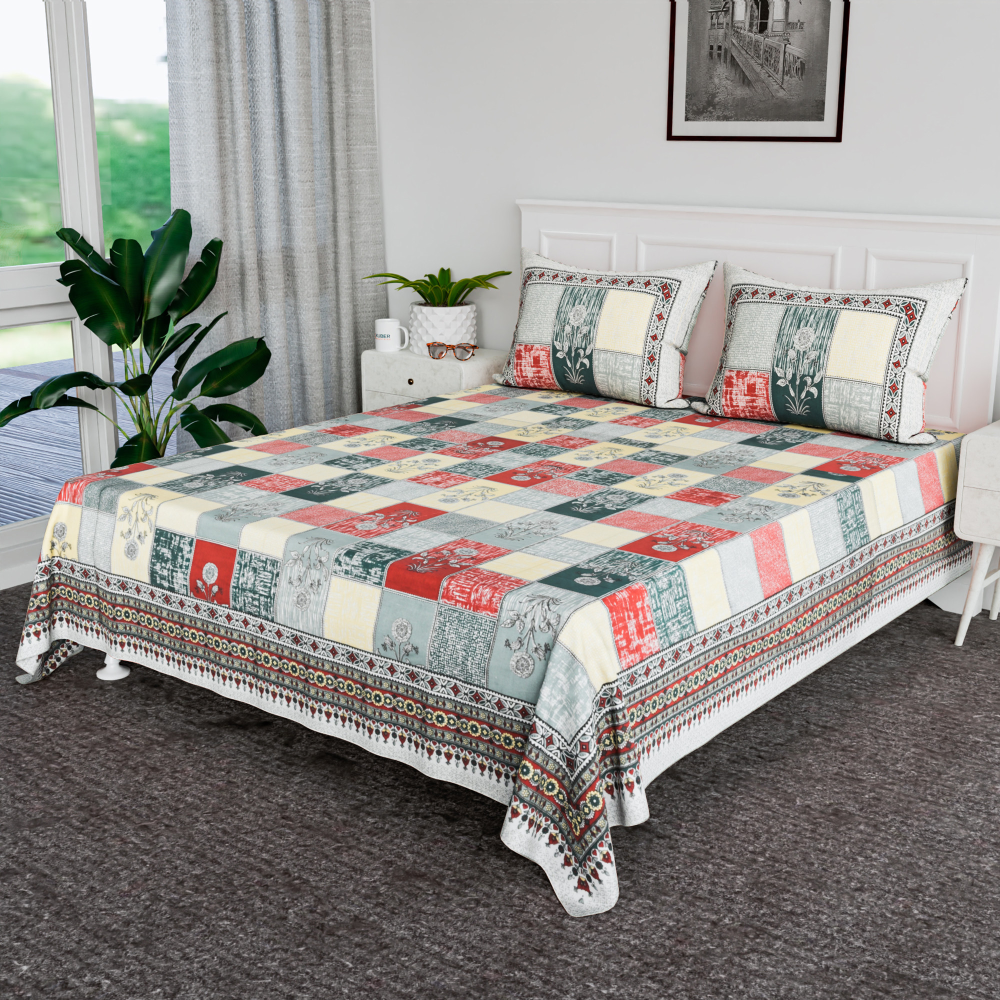 Kuber Industries 100x108 Inch Cotton Bedsheets for Double Bed with 2 Pillow Covers  Easy to Wash  Maintain Double Bedsheet Cotton Fabric - for Daily Use  Candy Flower -Green  Yellow