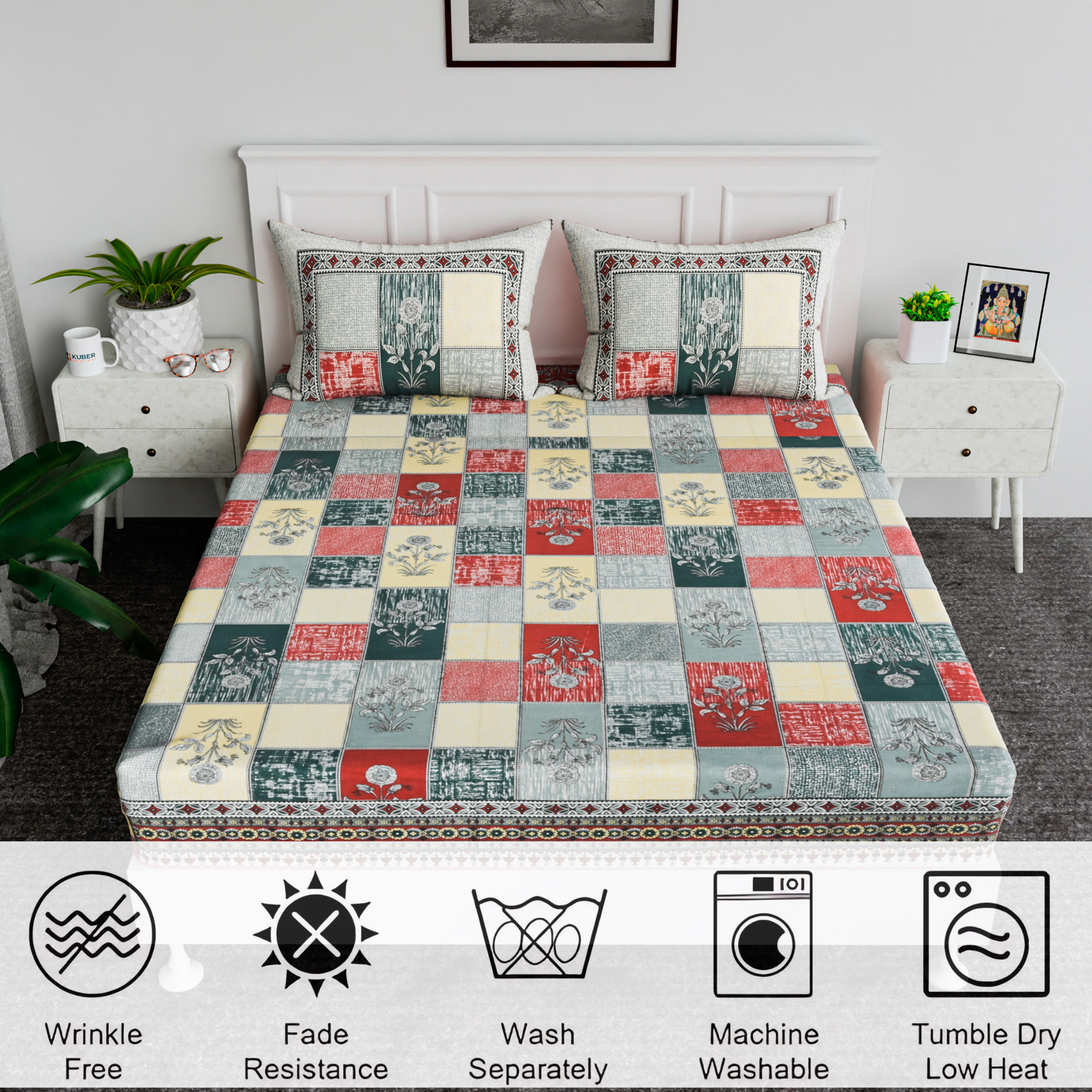 Kuber Industries 100x108 Inch Cotton Bedsheets for Double Bed with 2 Pillow Covers  Easy to Wash  Maintain Double Bedsheet Cotton Fabric - for Daily Use  Candy Flower -Green  Yellow