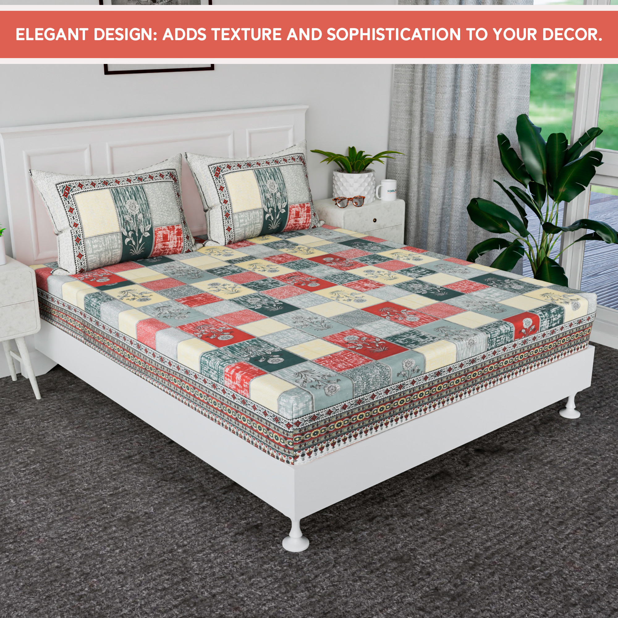 Kuber Industries 100x108 Inch Cotton Bedsheets for Double Bed with 2 Pillow Covers  Easy to Wash  Maintain Double Bedsheet Cotton Fabric - for Daily Use  Candy Flower -Green  Yellow