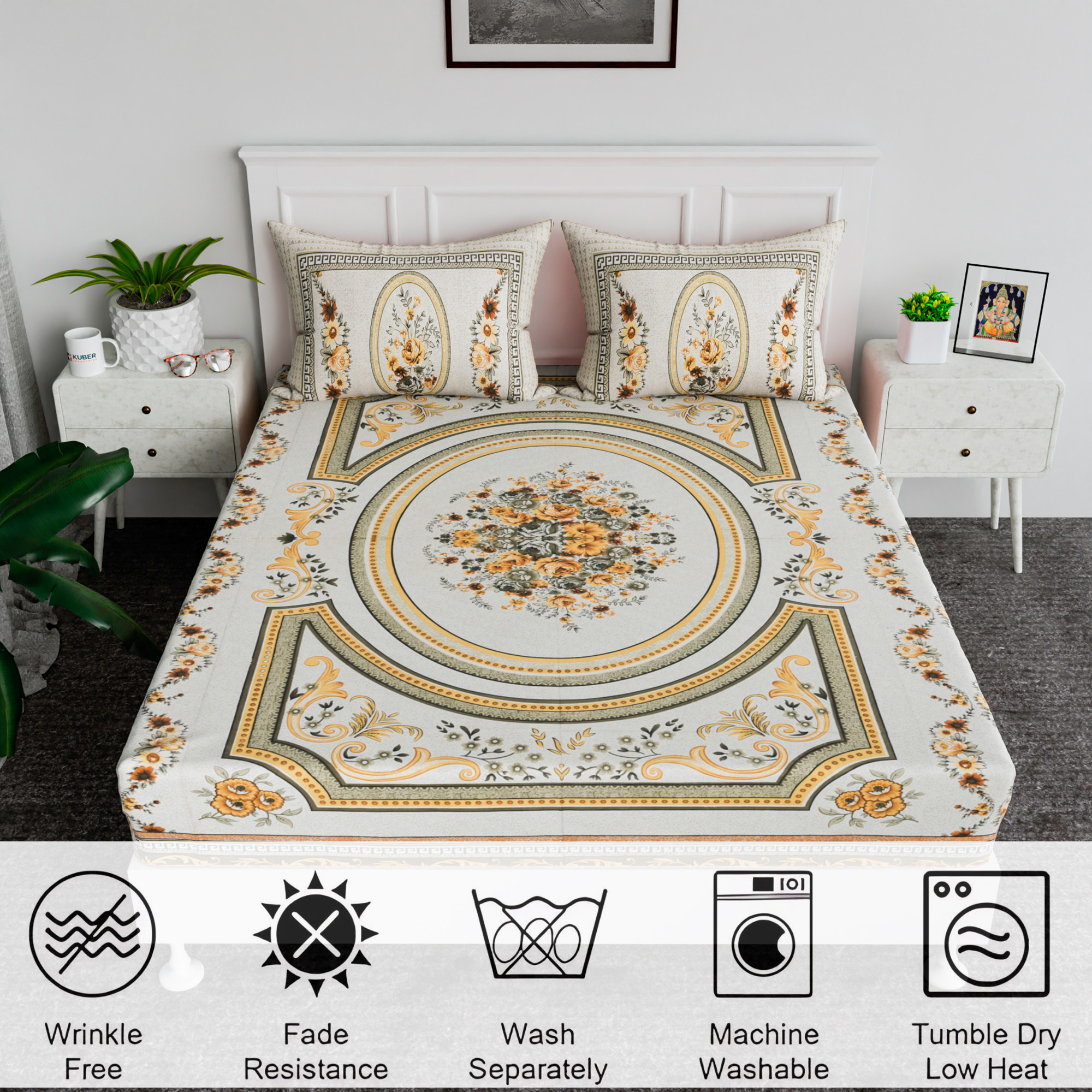 Kuber Industries 100x108 Inch Cotton Bedsheets for Double Bed with 2 Pillow Covers  Easy to Wash  Maintain Double Bedsheet Cotton Fabric for Daily Use  Kaleen Flower -Yellow