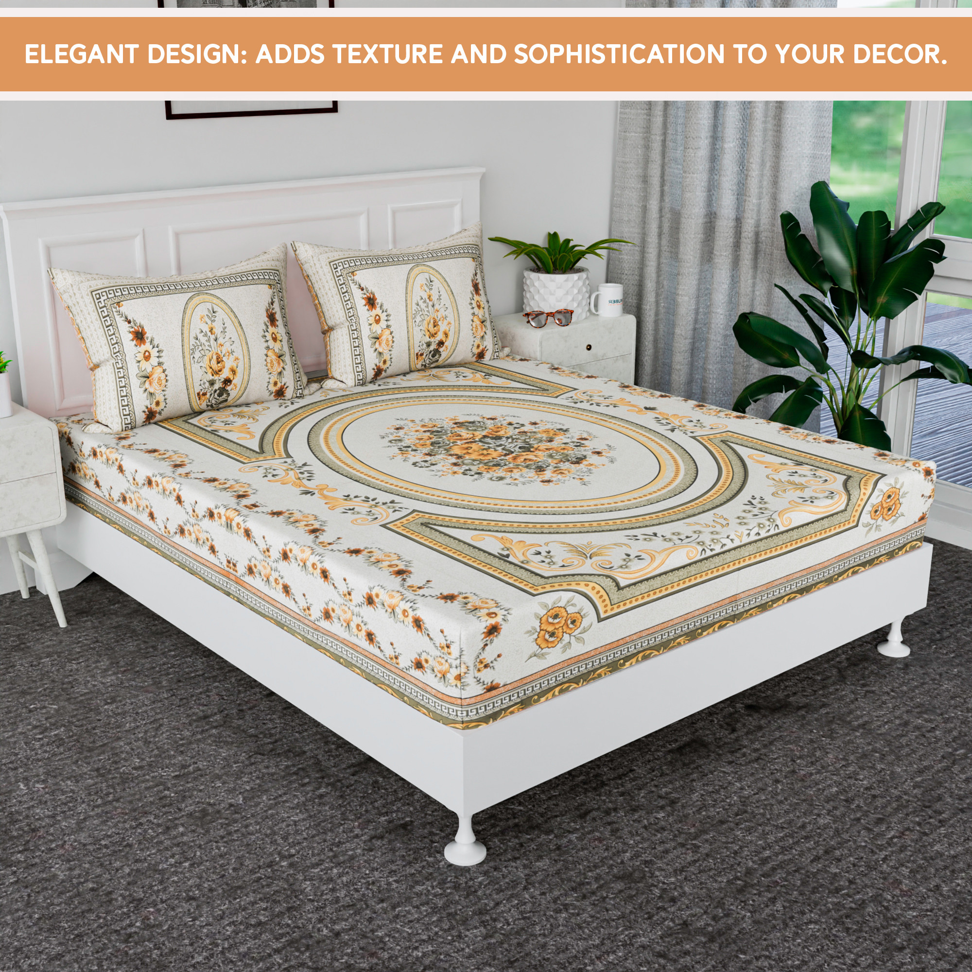 Kuber Industries 100x108 Inch Cotton Bedsheets for Double Bed with 2 Pillow Covers  Easy to Wash  Maintain Double Bedsheet Cotton Fabric for Daily Use  Kaleen Flower -Yellow