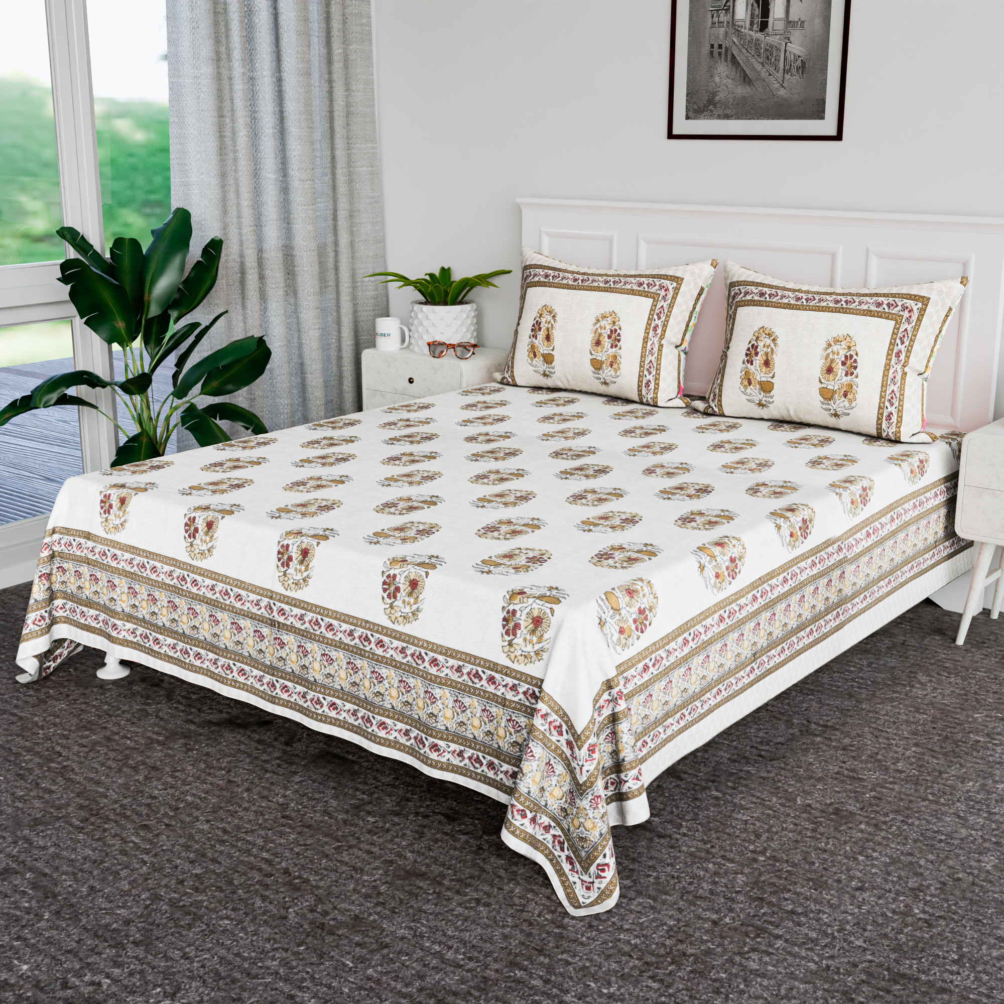Kuber Industries 100x108 Inch Cotton Bedsheets for Double Bed with 2 Pillow Covers  Easy to Wash  Maintain Double Bedsheet Cotton Fabric for Daily Use  Dezier Flower Boota - Beige