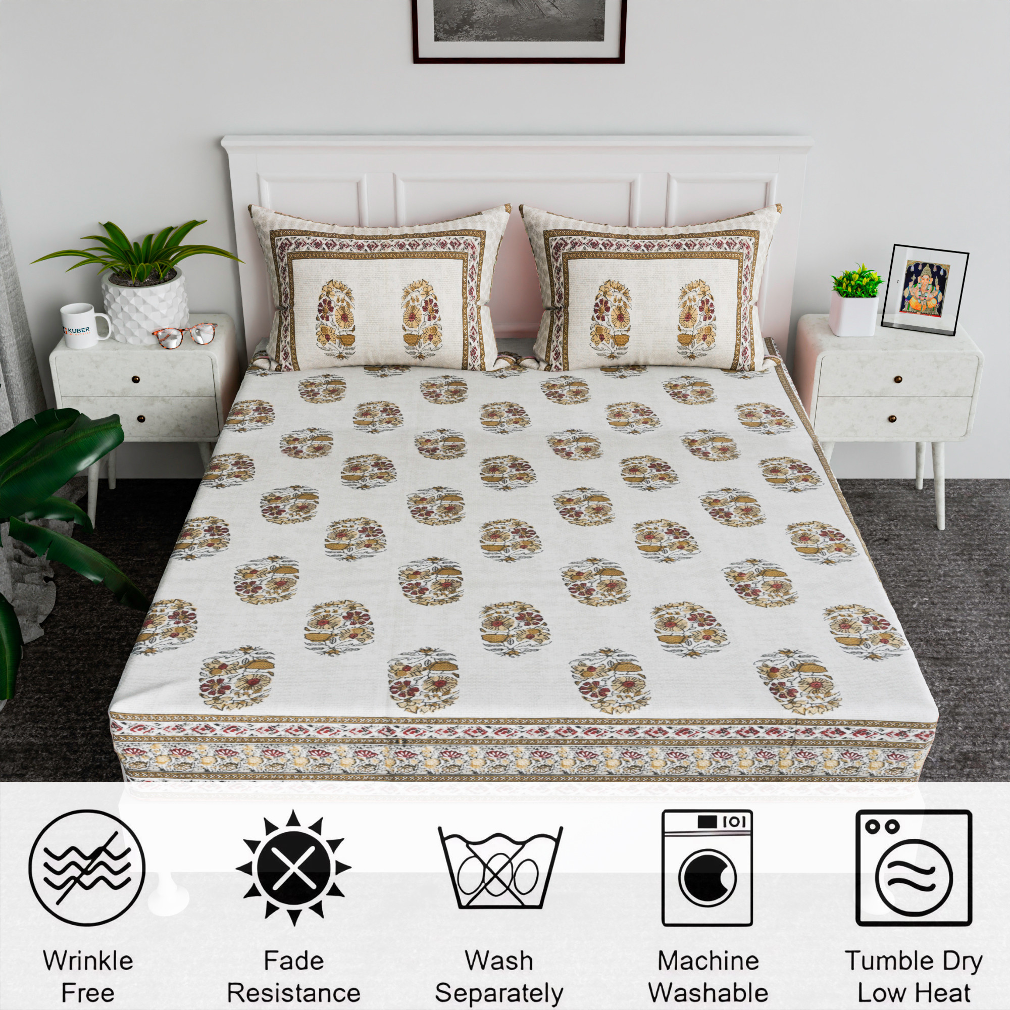 Kuber Industries 100x108 Inch Cotton Bedsheets for Double Bed with 2 Pillow Covers  Easy to Wash  Maintain Double Bedsheet Cotton Fabric for Daily Use  Dezier Flower Boota - Beige