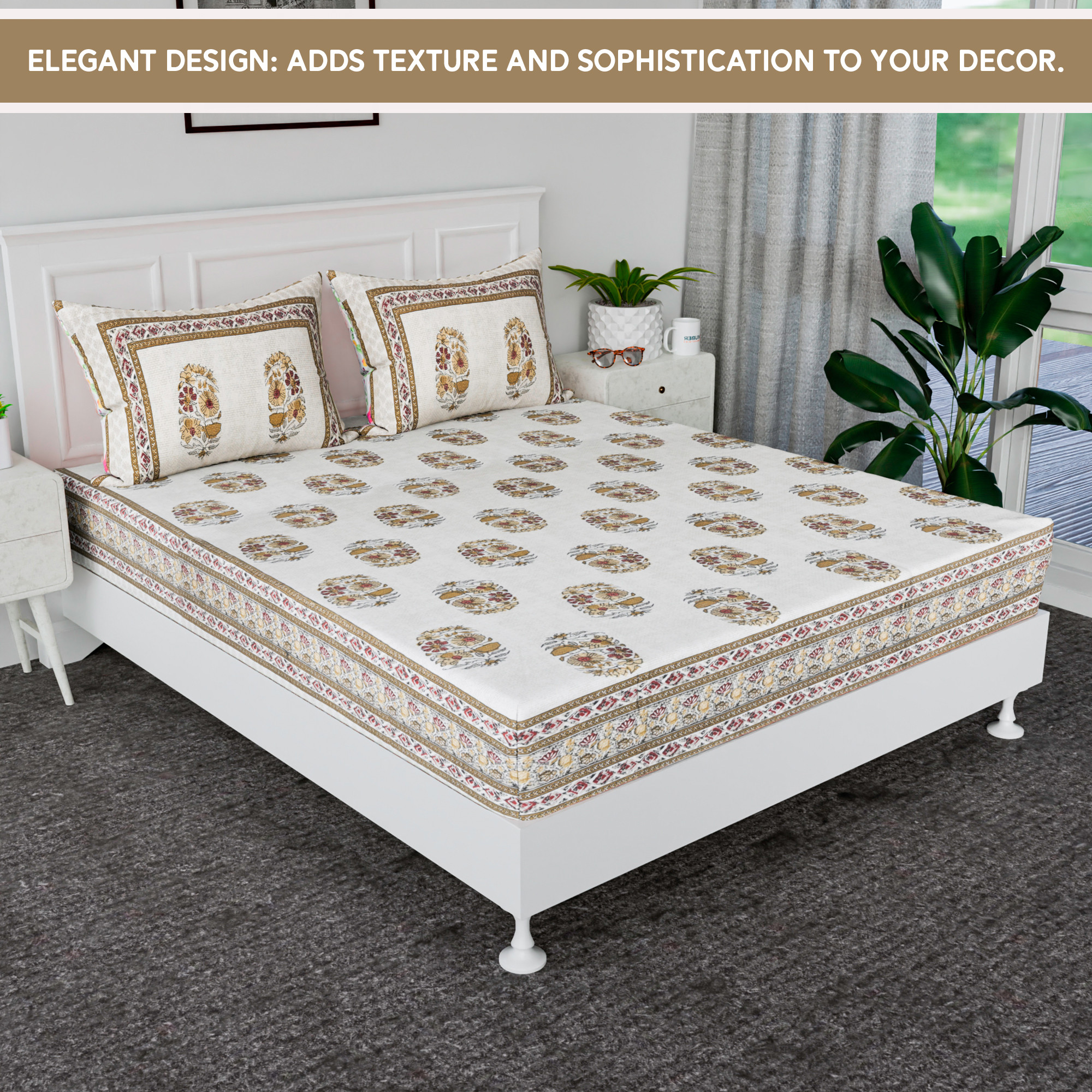 Kuber Industries 100x108 Inch Cotton Bedsheets for Double Bed with 2 Pillow Covers  Easy to Wash  Maintain Double Bedsheet Cotton Fabric for Daily Use  Dezier Flower Boota - Beige