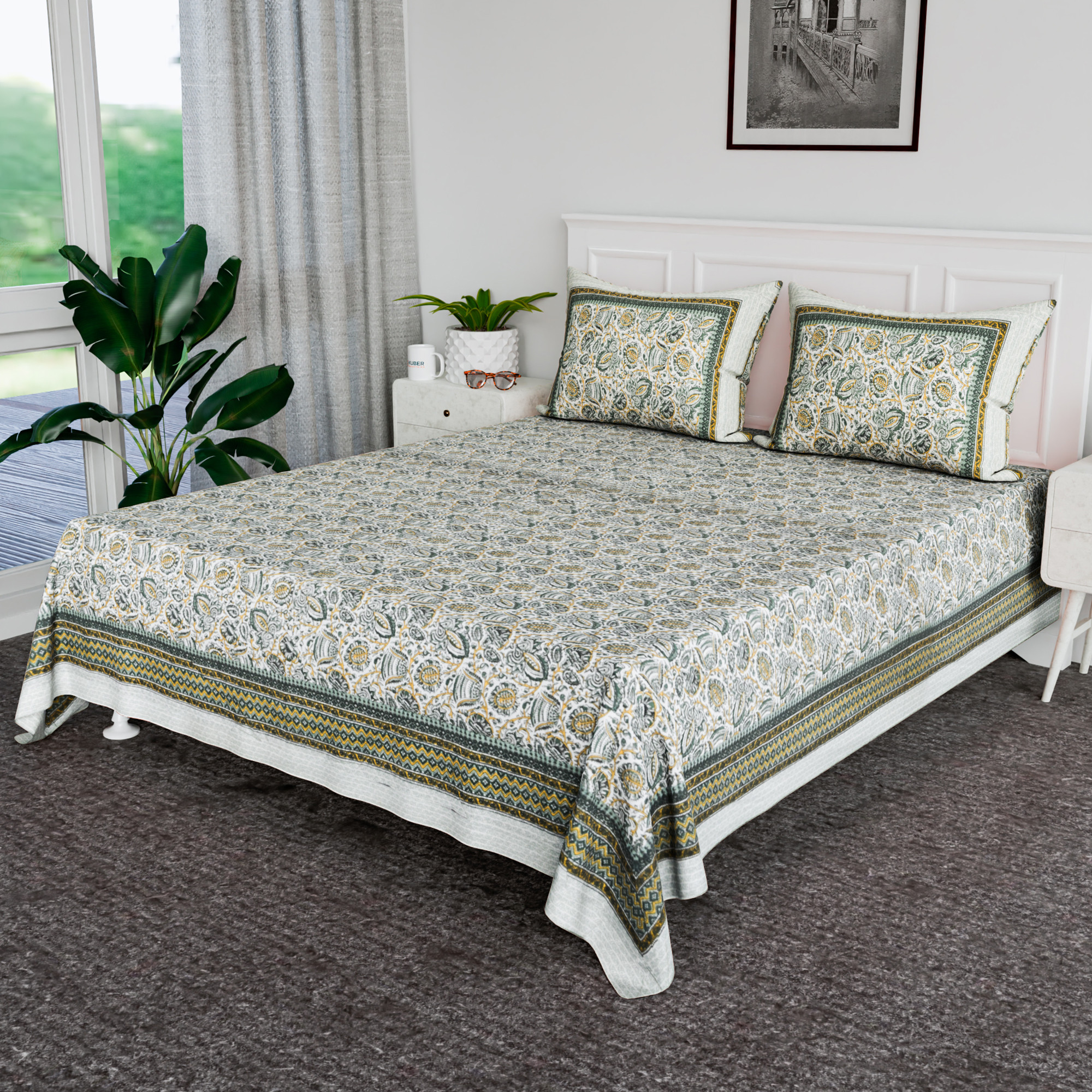 Kuber Industries 100x108 Inch Cotton Bedsheets for Double Bed with 2 Pillow Covers  Easy to Wash  Maintain Double Bedsheet Cotton Fabric - for Daily Use  Dezier Bell Print - Green
