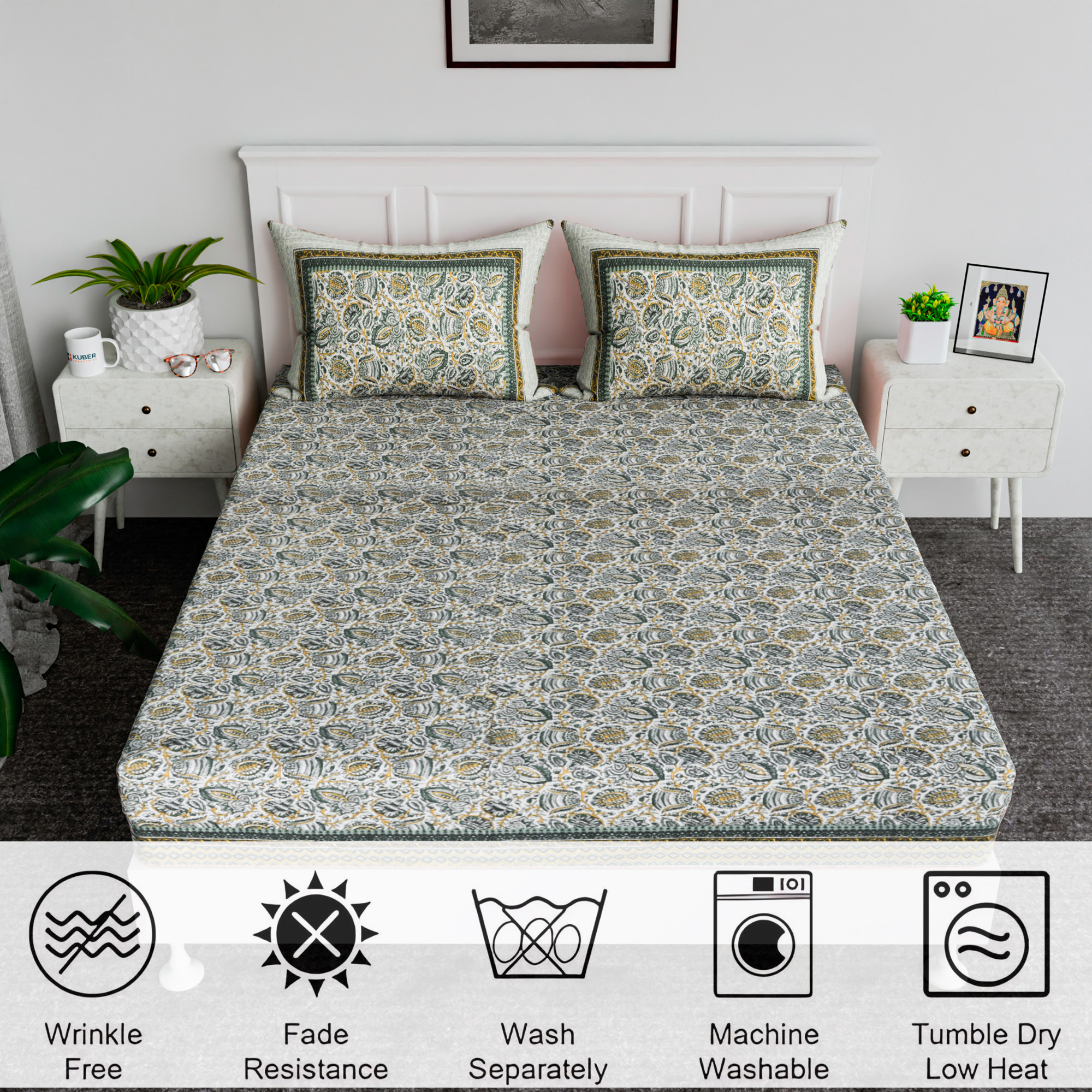 Kuber Industries 100x108 Inch Cotton Bedsheets for Double Bed with 2 Pillow Covers  Easy to Wash  Maintain Double Bedsheet Cotton Fabric - for Daily Use  Dezier Bell Print - Green
