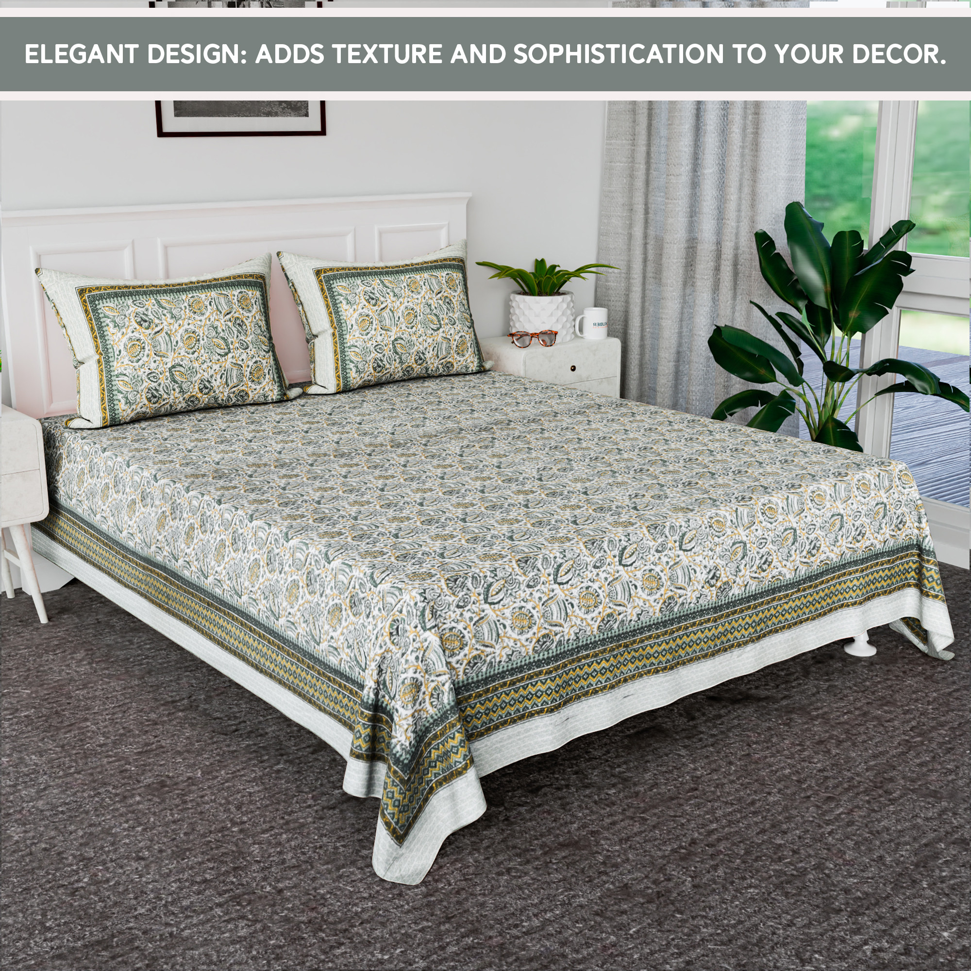 Kuber Industries 100x108 Inch Cotton Bedsheets for Double Bed with 2 Pillow Covers  Easy to Wash  Maintain Double Bedsheet Cotton Fabric - for Daily Use  Dezier Bell Print - Green