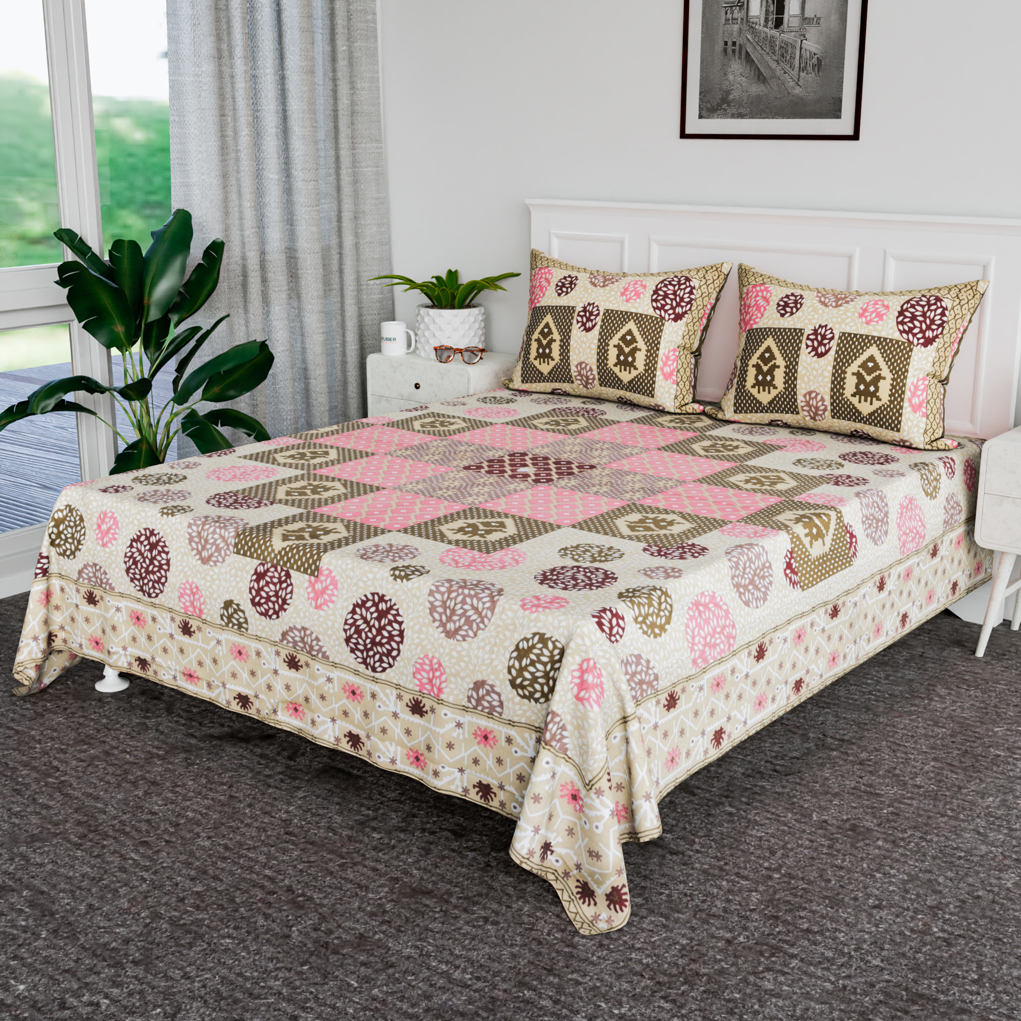 Kuber Industries 100x108 Inch Cotton Bedsheets for Double Bed with 2 Pillow Covers  Easy to Wash  Maintain Double Bedsheet Cotton Fabric - for Daily Use  Arabic Beauty Gola- Purple