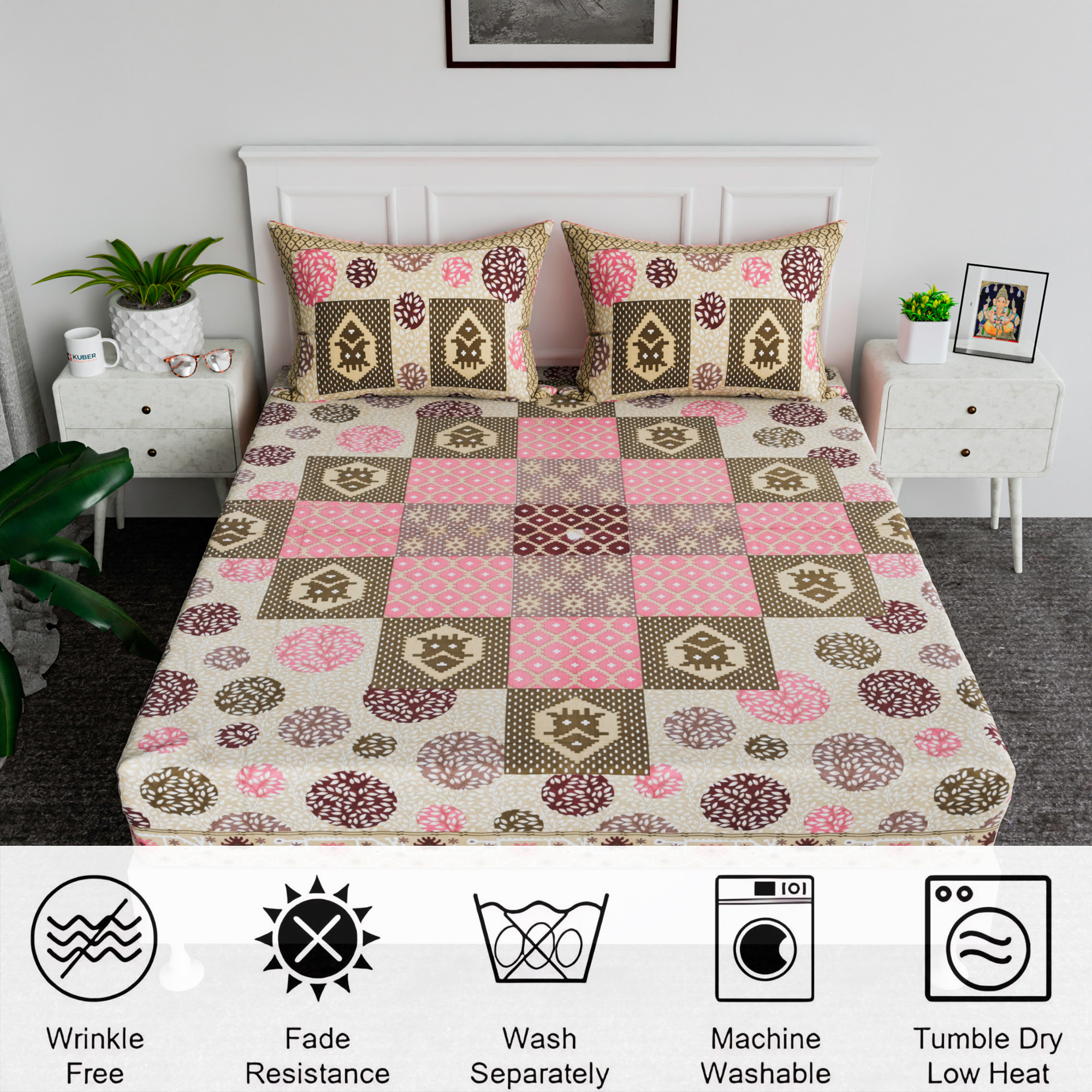 Kuber Industries 100x108 Inch Cotton Bedsheets for Double Bed with 2 Pillow Covers  Easy to Wash  Maintain Double Bedsheet Cotton Fabric - for Daily Use  Arabic Beauty Gola- Purple