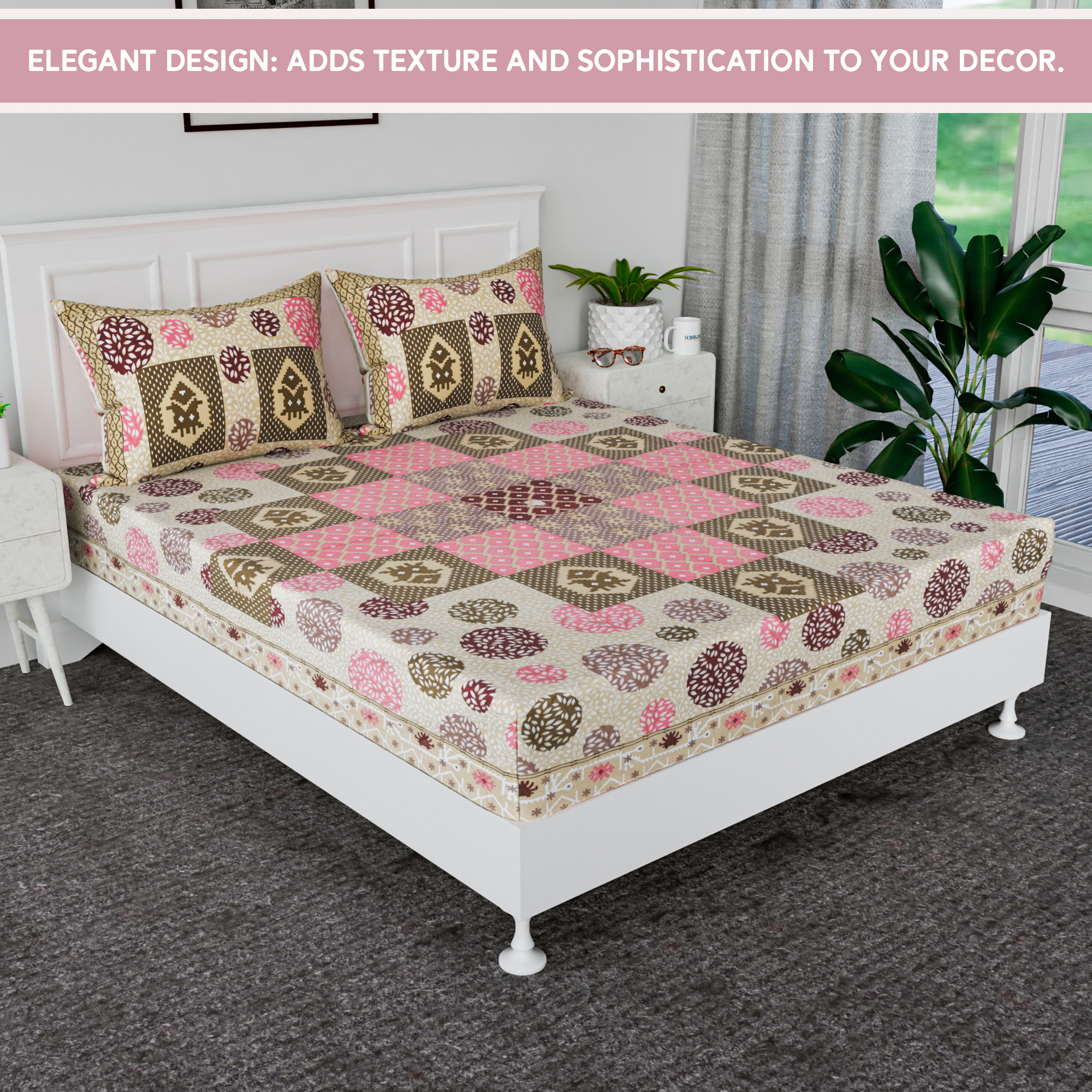 Kuber Industries 100x108 Inch Cotton Bedsheets for Double Bed with 2 Pillow Covers  Easy to Wash  Maintain Double Bedsheet Cotton Fabric - for Daily Use  Arabic Beauty Gola- Purple