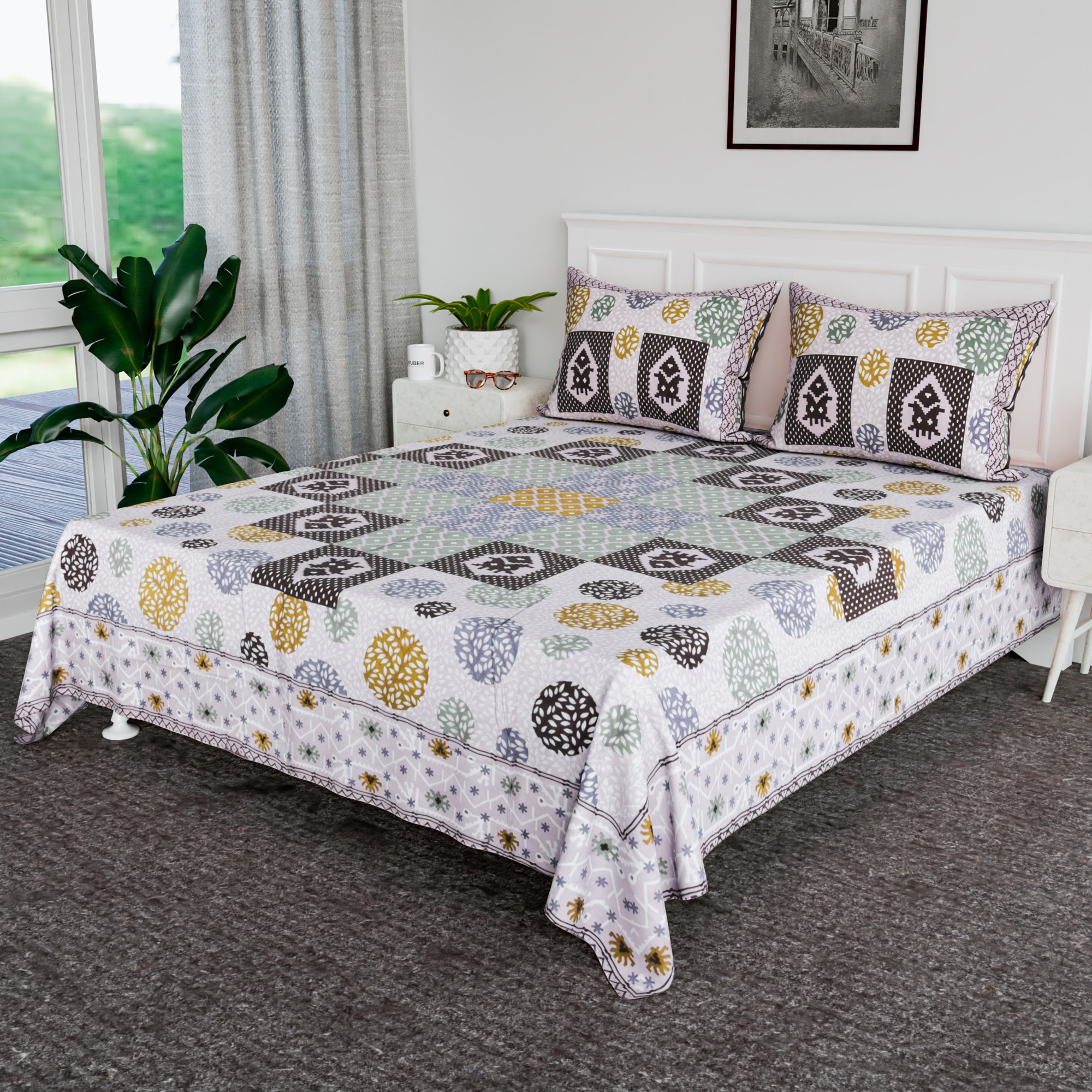 Kuber Industries 100x108 Inch Cotton Bedsheets for Double Bed with 2 Pillow Covers  Easy to Wash  Maintain Double Bedsheet Cotton Fabric - for Daily Use  Arabic Beauty Gola - Beige