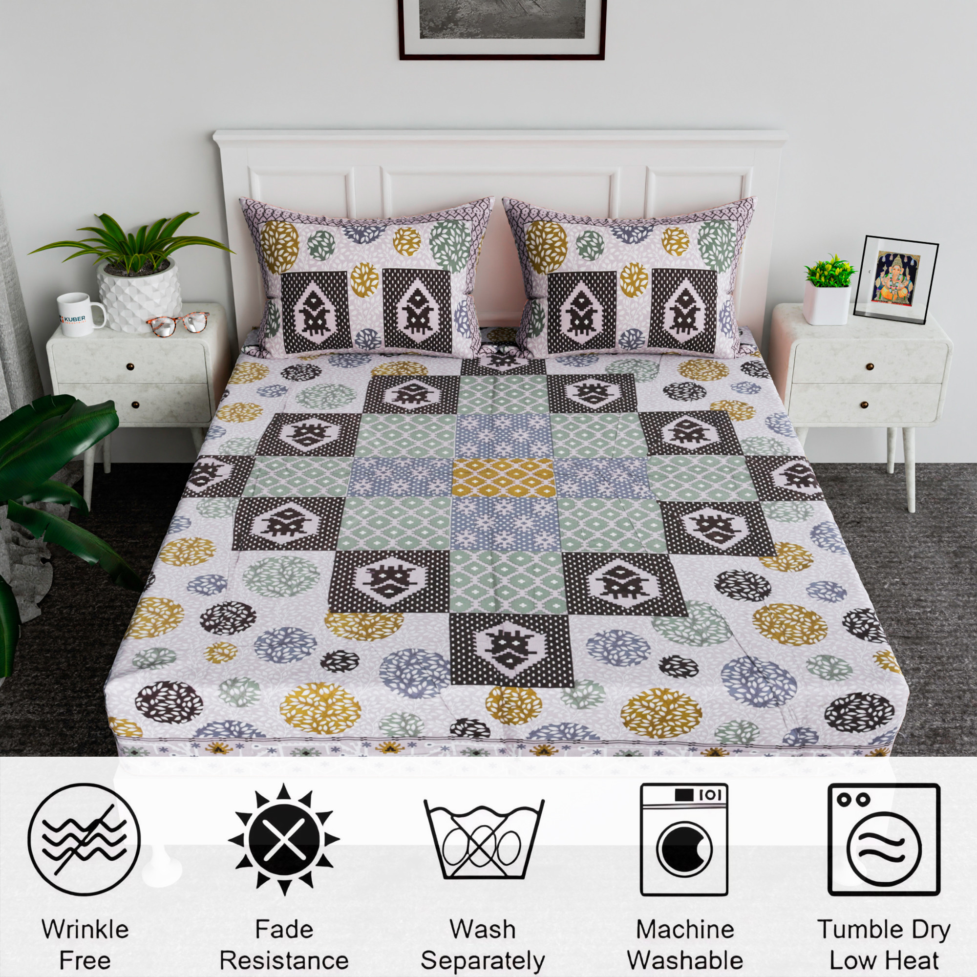 Kuber Industries 100x108 Inch Cotton Bedsheets for Double Bed with 2 Pillow Covers  Easy to Wash  Maintain Double Bedsheet Cotton Fabric - for Daily Use  Arabic Beauty Gola - Beige