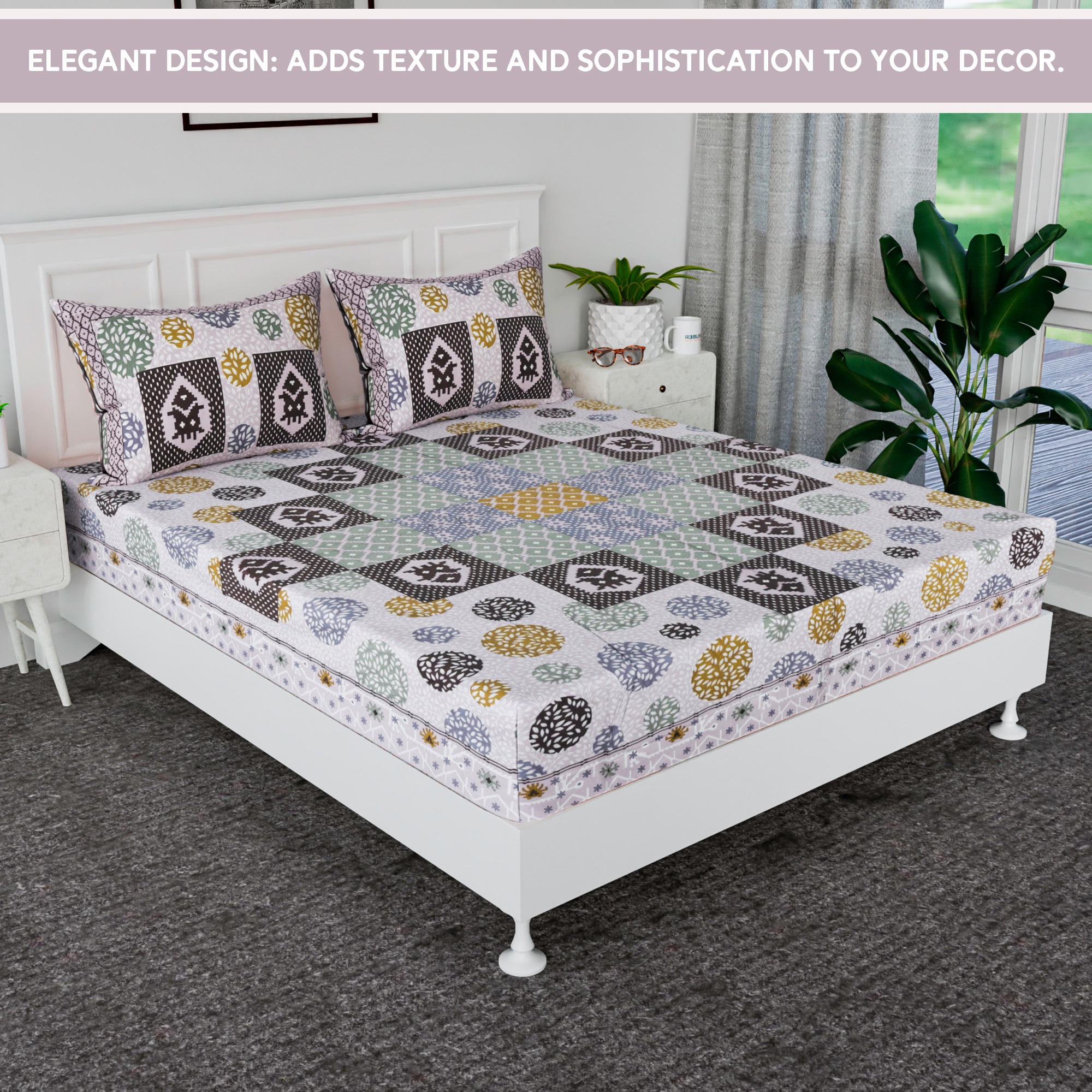 Kuber Industries 100x108 Inch Cotton Bedsheets for Double Bed with 2 Pillow Covers  Easy to Wash  Maintain Double Bedsheet Cotton Fabric - for Daily Use  Arabic Beauty Gola - Beige