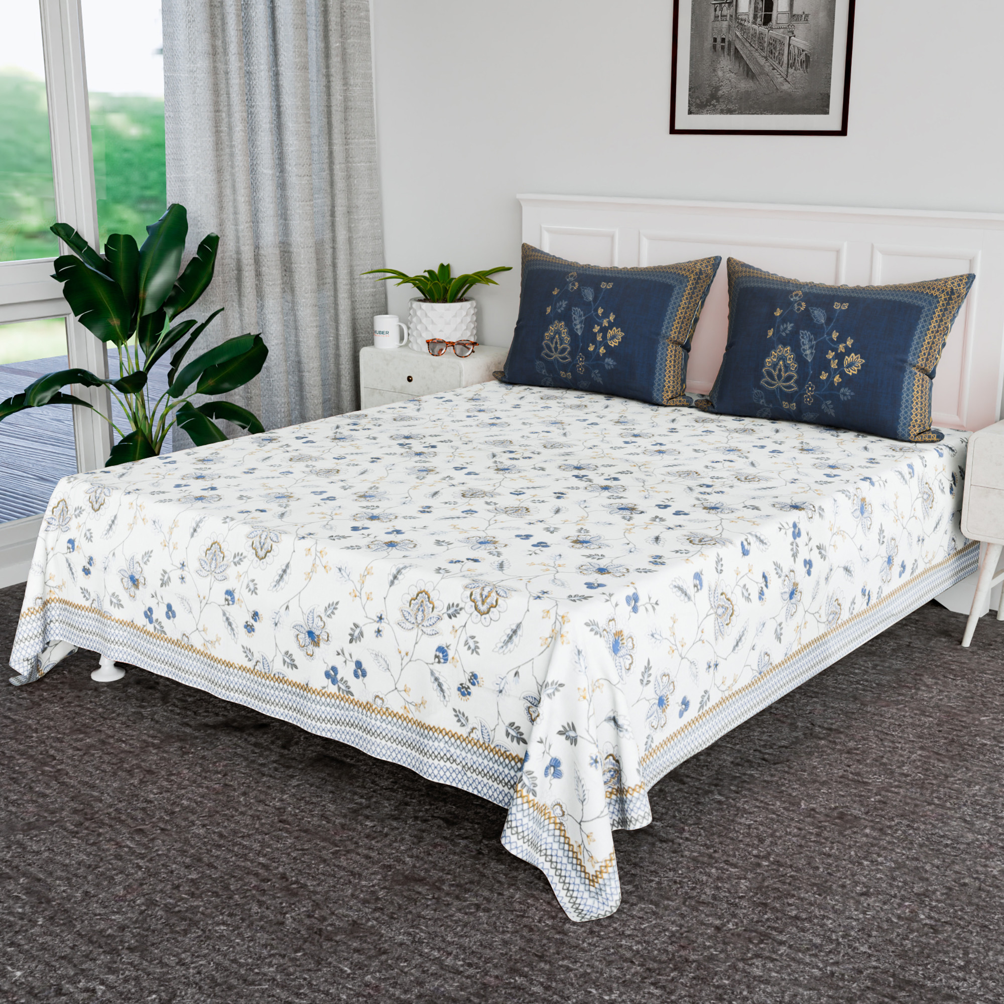 Kuber Industries 100x108 Inch Cotton Bedsheets for Double Bed with 2 Pillow Covers  Easy to Wash  Maintain Double Bedsheet Cotton Fabric for Daily Use  Embroidery Flower -Blue