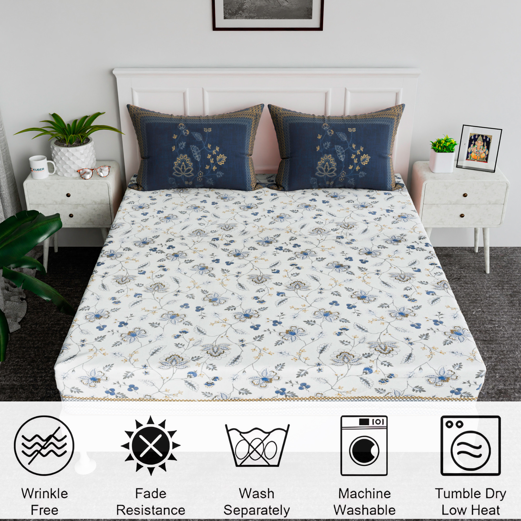 Kuber Industries 100x108 Inch Cotton Bedsheets for Double Bed with 2 Pillow Covers  Easy to Wash  Maintain Double Bedsheet Cotton Fabric for Daily Use  Embroidery Flower -Blue
