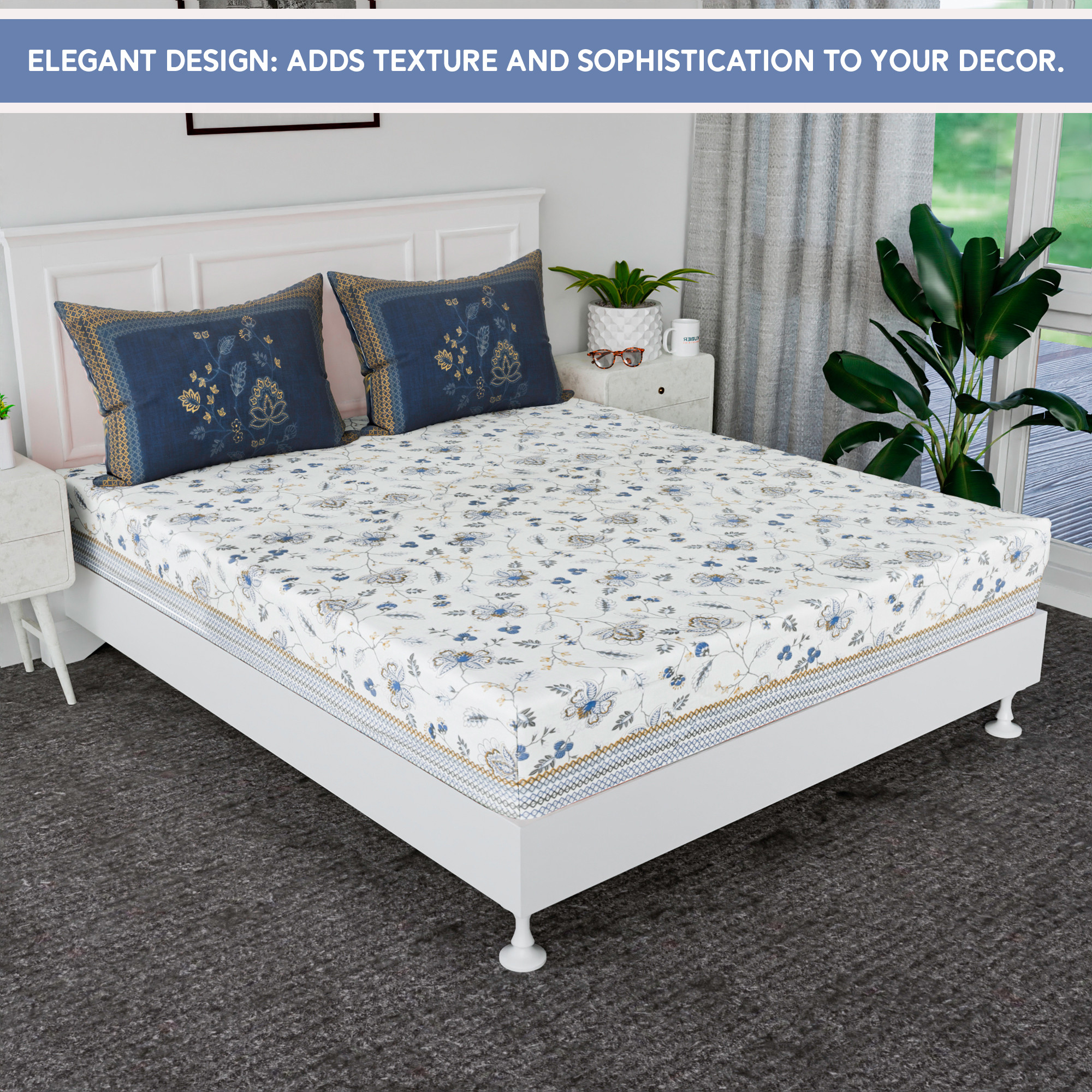 Kuber Industries 100x108 Inch Cotton Bedsheets for Double Bed with 2 Pillow Covers  Easy to Wash  Maintain Double Bedsheet Cotton Fabric for Daily Use  Embroidery Flower -Blue