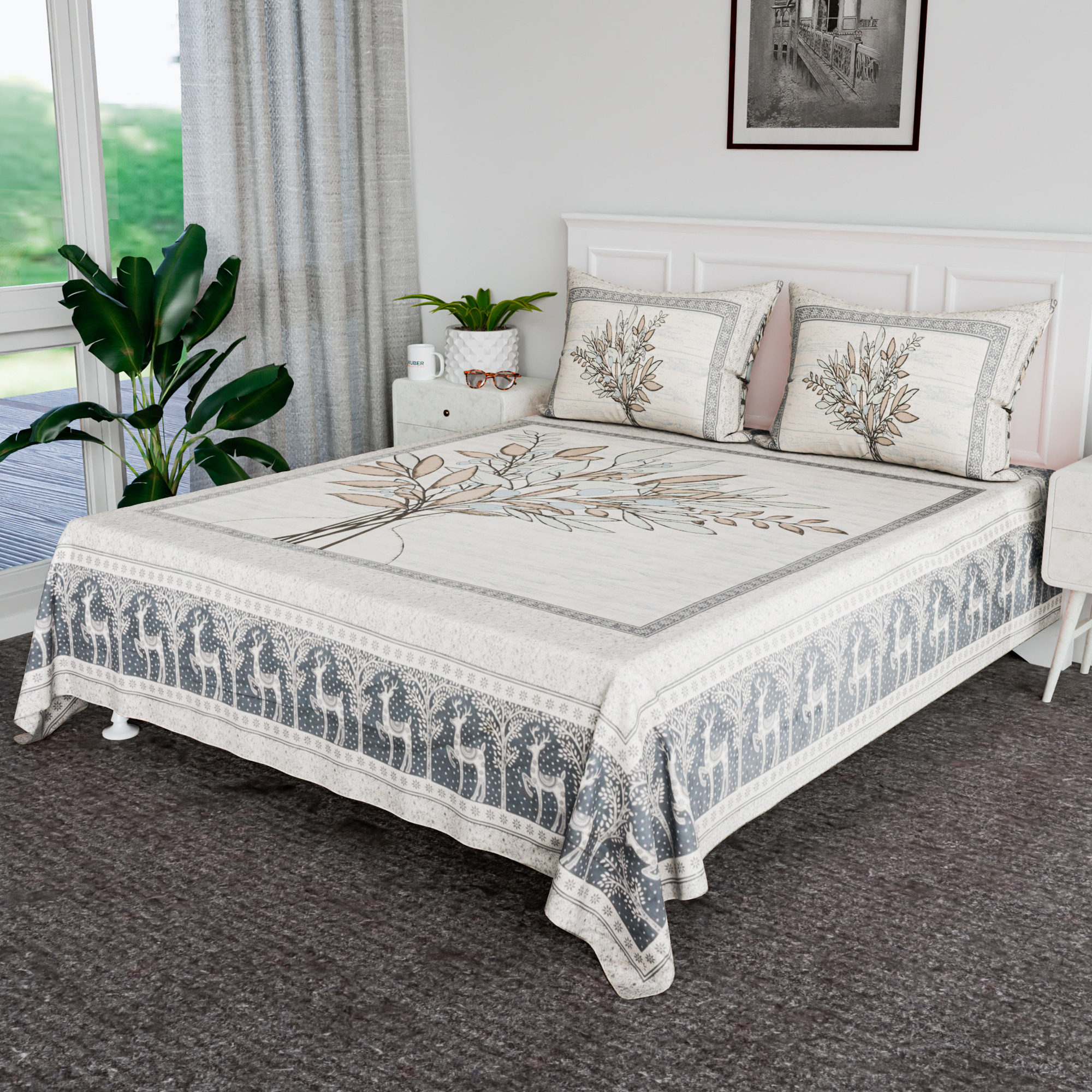 Kuber Industries 100x108 Inch Cotton Bedsheets for Double Bed with 2 Pillow Covers  Easy to Wash  Maintain Double Bedsheet Cotton Fabric for Daily Use  Photo Frame Tree Print - Blue