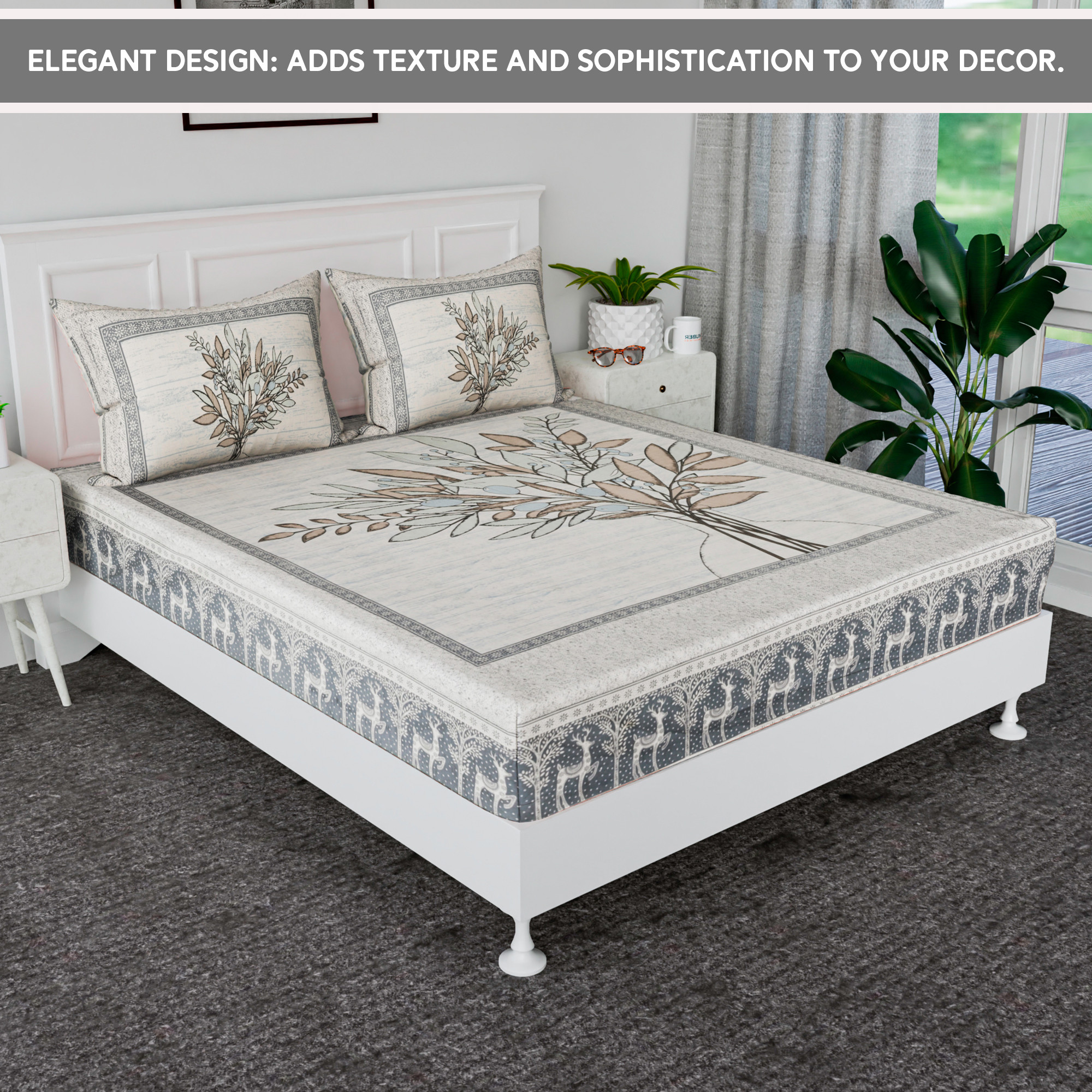 Kuber Industries 100x108 Inch Cotton Bedsheets for Double Bed with 2 Pillow Covers  Easy to Wash  Maintain Double Bedsheet Cotton Fabric for Daily Use  Photo Frame Tree Print - Blue