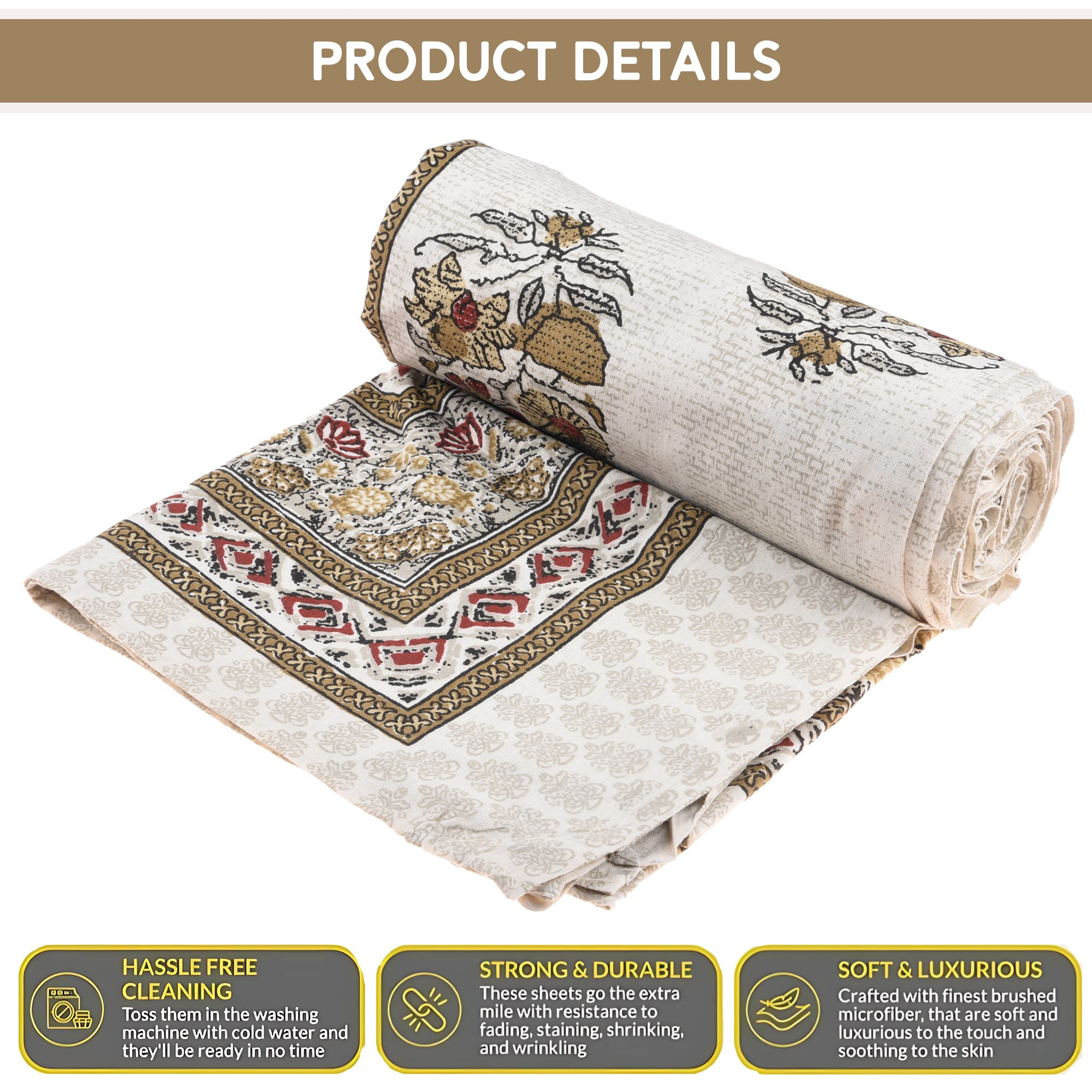 Kuber Industries 100x108 Inch Cotton Bedsheets for Double Bed with 2 Pillow Covers  Easy to Wash  Maintain Double Bedsheet Cotton Fabric for Daily Use  Dezier Flower Boota - Beige