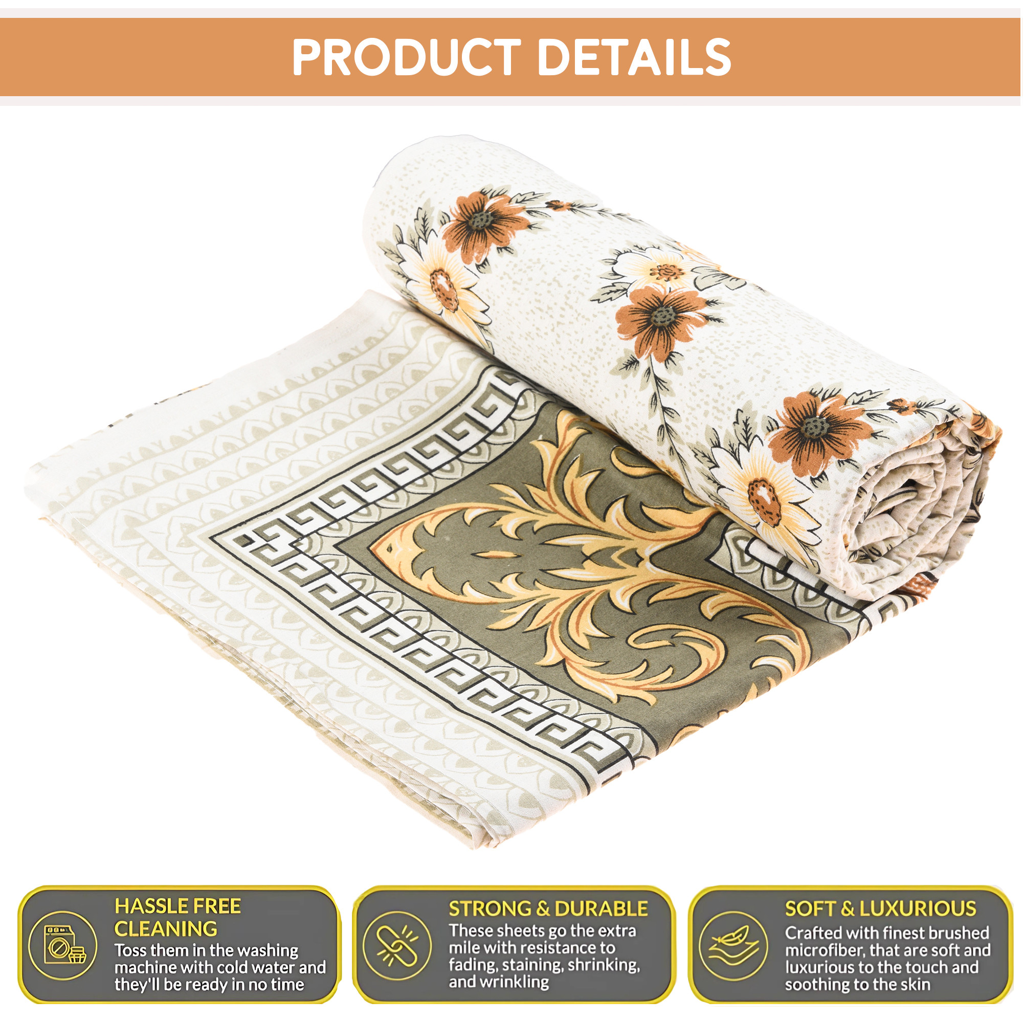 Kuber Industries 100x108 Inch Cotton Bedsheets for Double Bed with 2 Pillow Covers  Easy to Wash  Maintain Double Bedsheet Cotton Fabric for Daily Use  Kaleen Flower -Yellow
