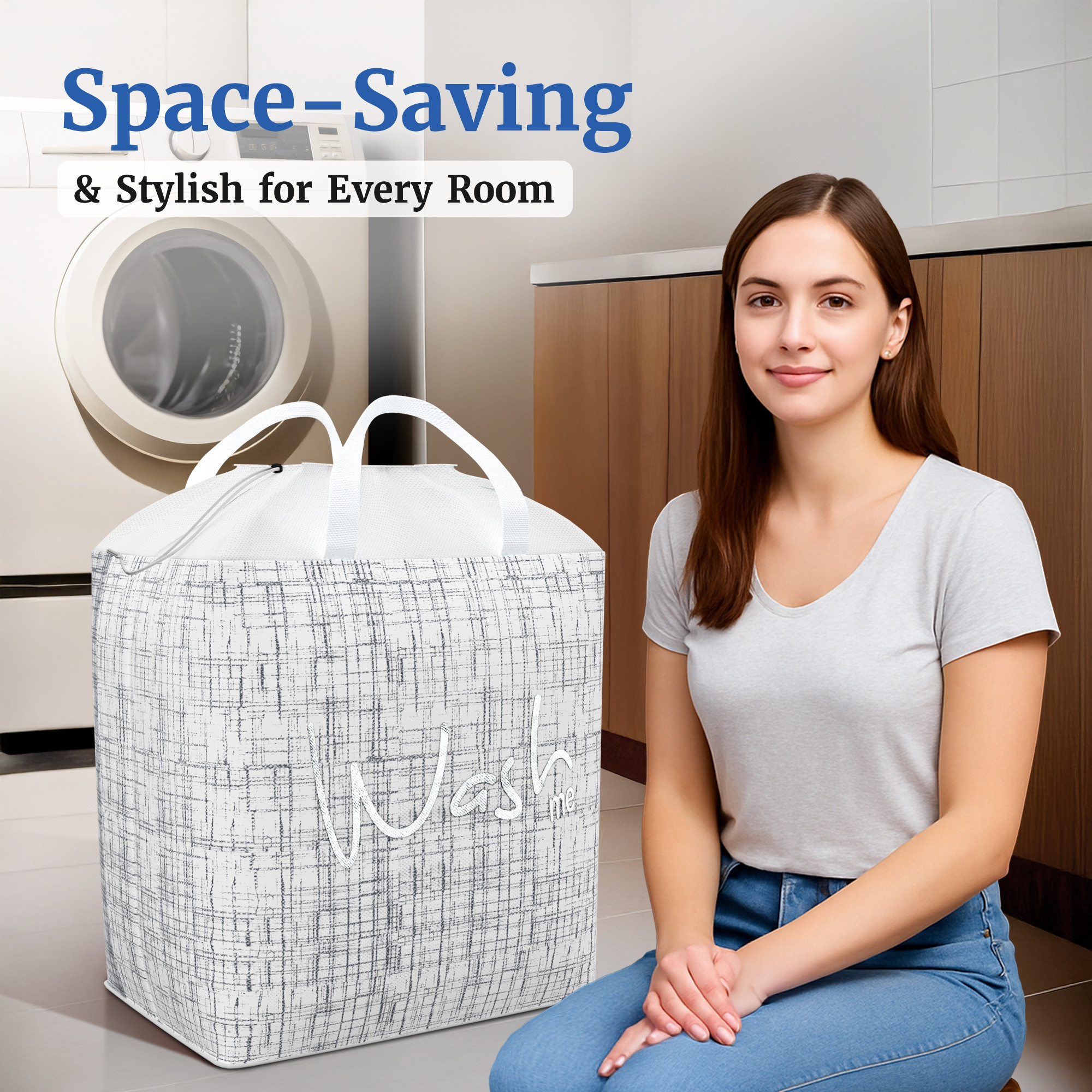 Kuber Industries 106 LTR Large Non Woven Laundry Basket for Cloth with Handles  Foldable Clothes Storage Basket for Men Women  Kids  Jute Square Print - Grey