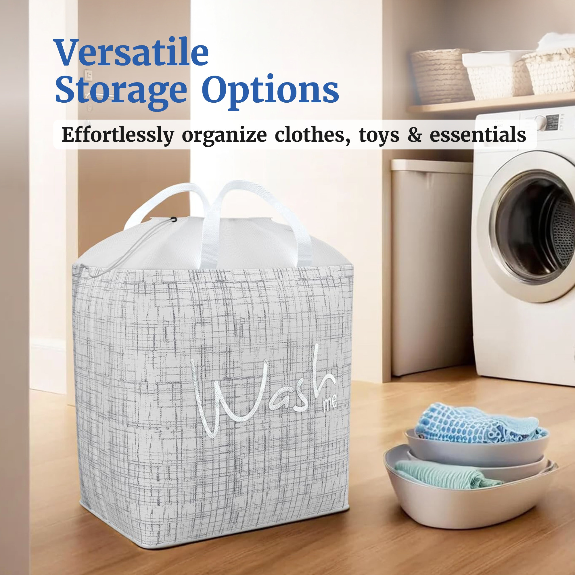 Kuber Industries 106 LTR Large Non Woven Laundry Basket for Cloth with Handles  Foldable Clothes Storage Basket for Men Women  Kids  Jute Square Print - Grey