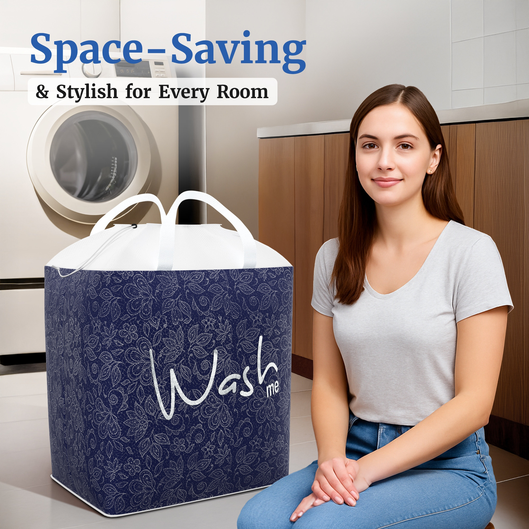 Kuber Industries 106 LTR Large Non Woven Laundry Basket for Cloth with Handles  Foldable Clothes Storage Basket for Men Women  Kids  Flower Square Print - Navy Blue