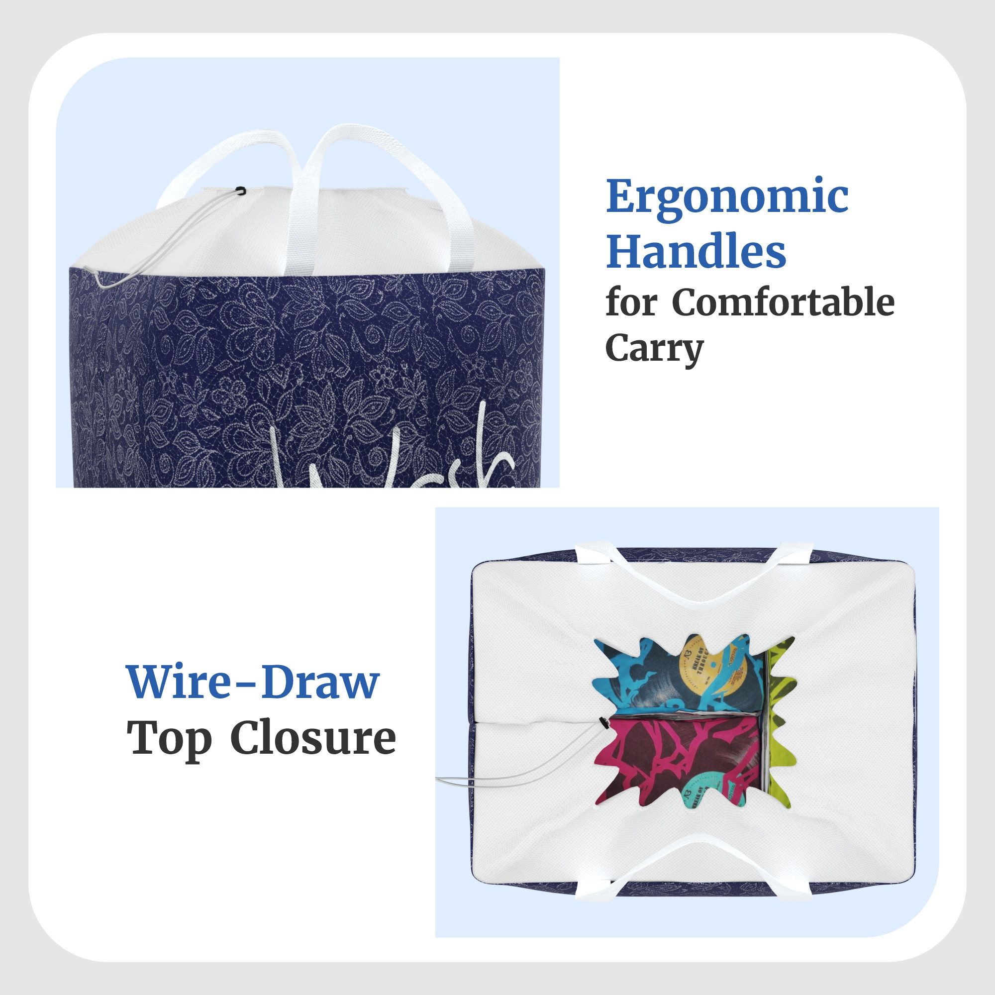 Kuber Industries 106 LTR Large Non Woven Laundry Basket for Cloth with Handles  Foldable Clothes Storage Basket for Men Women  Kids  Flower Square Print - Navy Blue