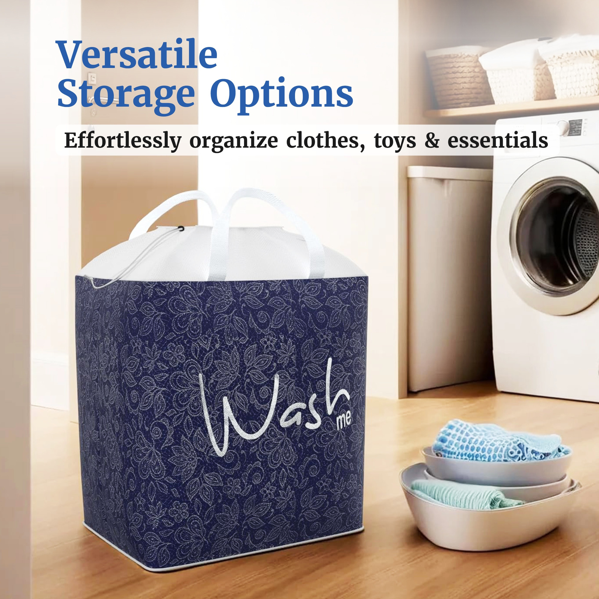 Kuber Industries 106 LTR Large Non Woven Laundry Basket for Cloth with Handles  Foldable Clothes Storage Basket for Men Women  Kids  Flower Square Print - Navy Blue