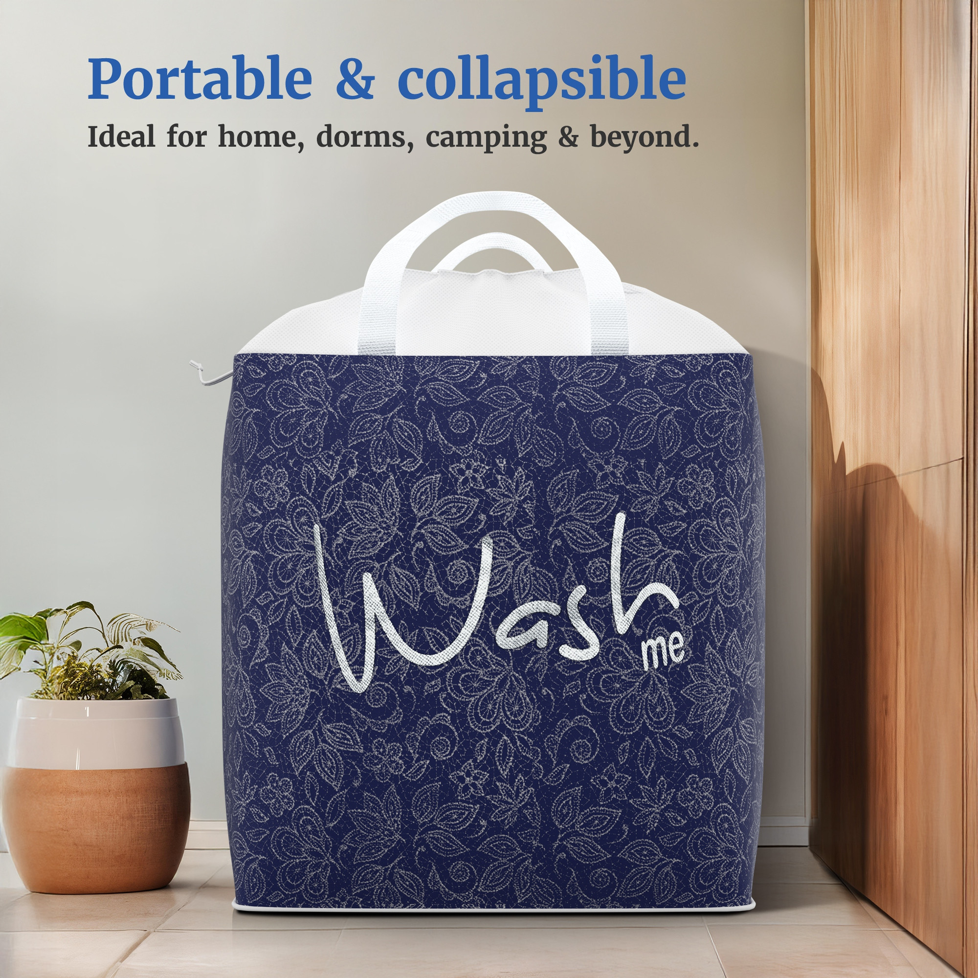 Kuber Industries 106 LTR Large Non Woven Laundry Basket for Cloth with Handles  Foldable Clothes Storage Basket for Men Women  Kids  Flower Square Print - Navy Blue